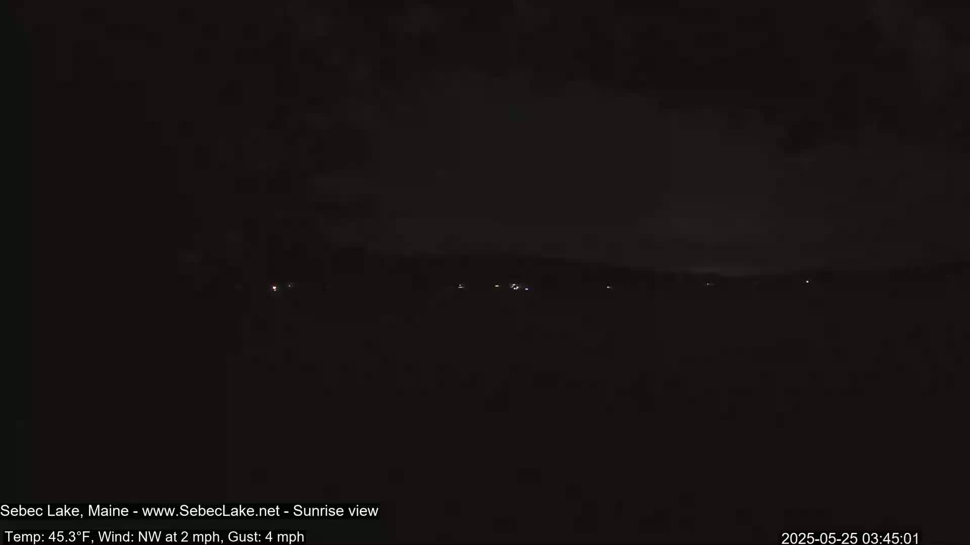 A dark, nighttime landscape with a few faint lights in the distance under a mostly cloudy sky, with a northwest wind at 2 mph and gusts up to 4 mph.