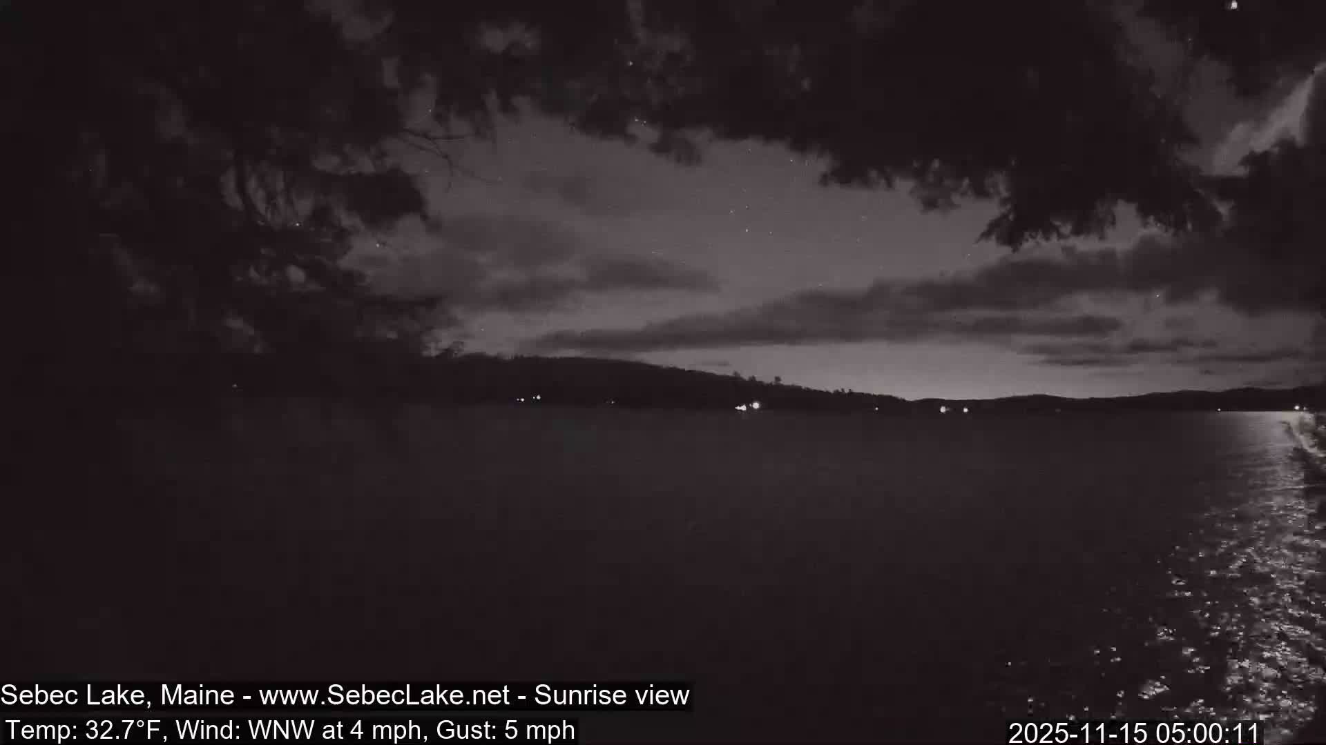 A dark, early morning lake scene is visible under a partially cloudy sky dotted with stars, where subtle ripples on the water suggest a light breeze, with distant land and scattered lights defining the horizon.