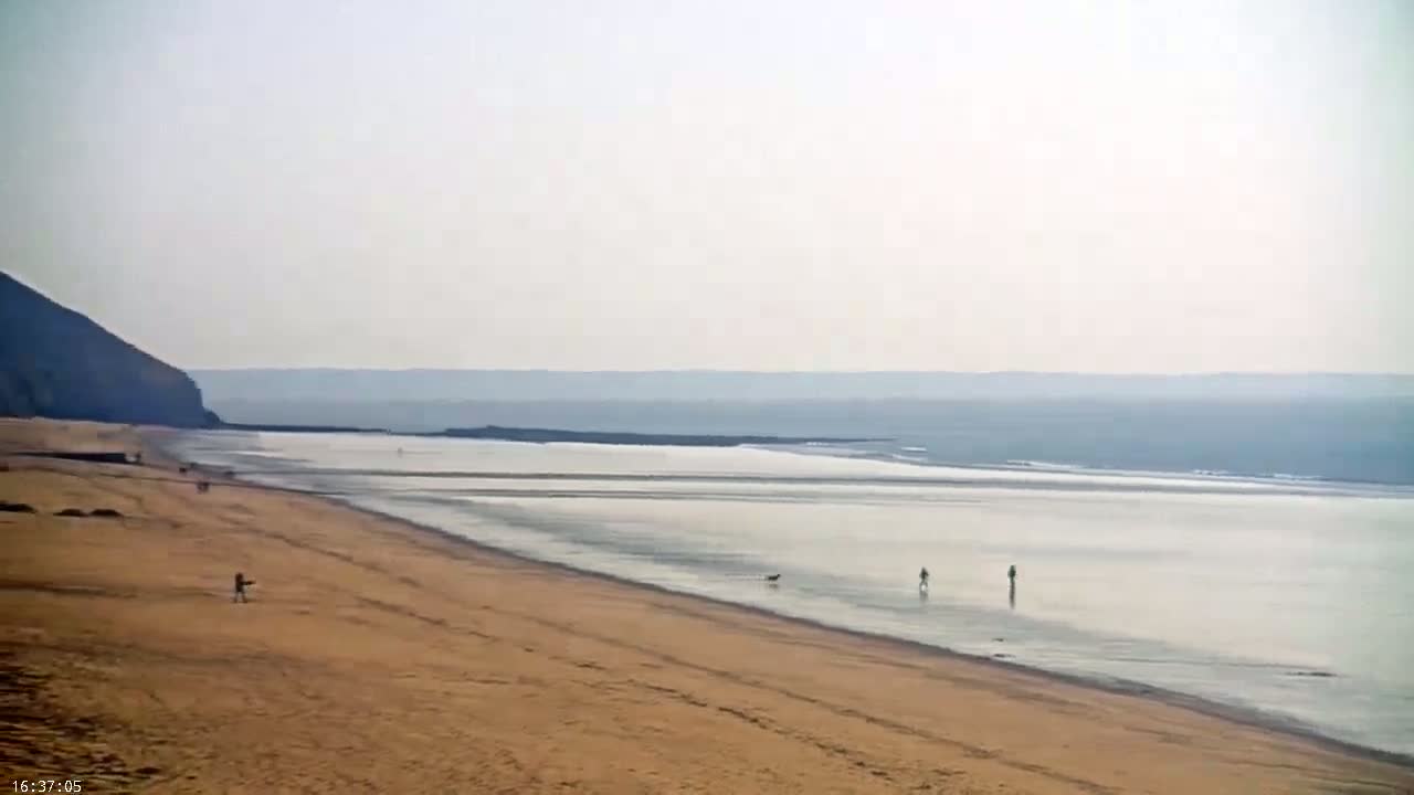 A long, sandy beach stretches out to a calm, gray sea under a hazy sky, with a few people and a dog walking along the shore near a dark cliff in the background.