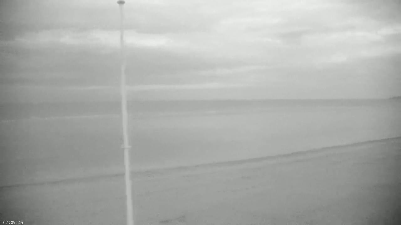 A tall pole stands in front of a calm body of water and a sandy beach under an overcast sky.