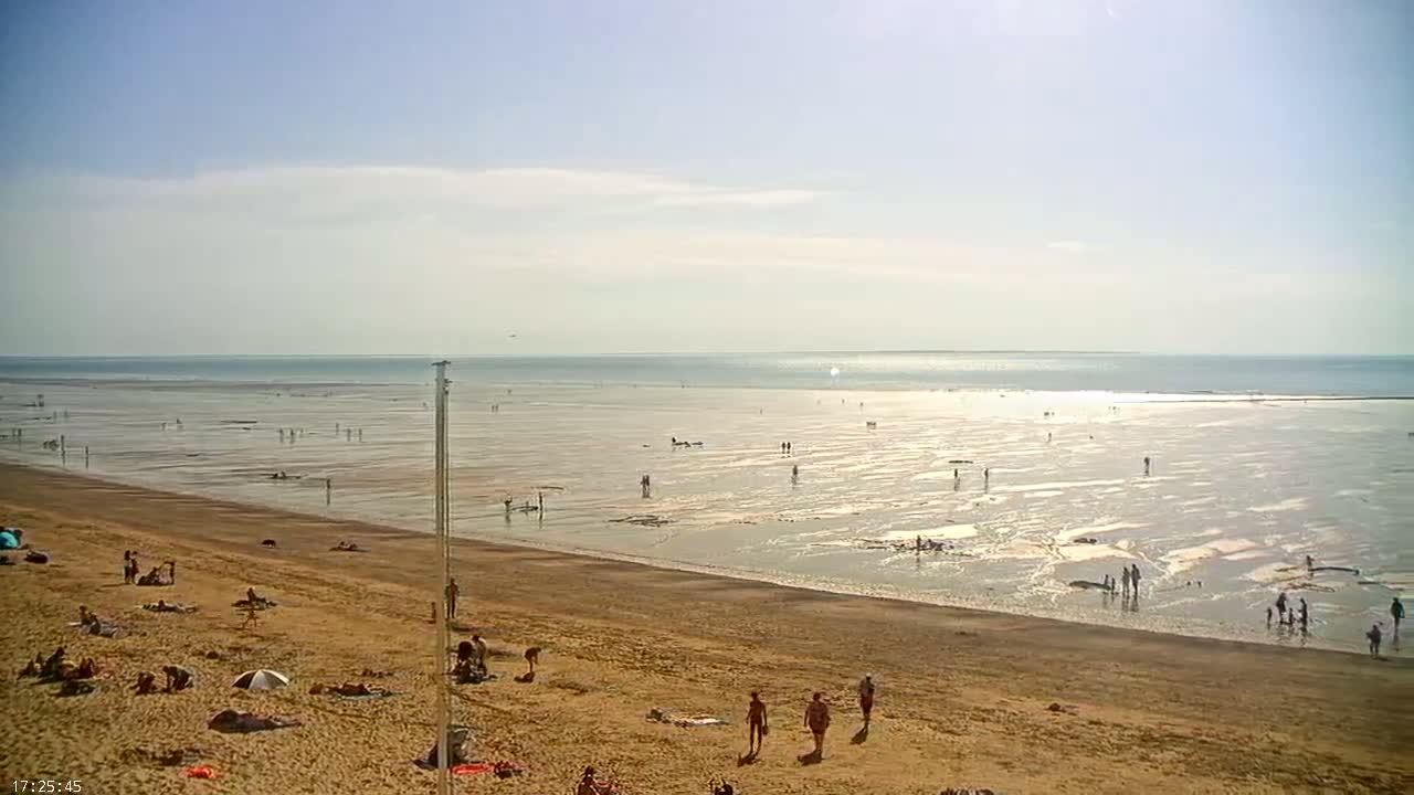 A sunny day at a wide sandy beach with many people scattered across the sand and shallow, exposed ocean floor.