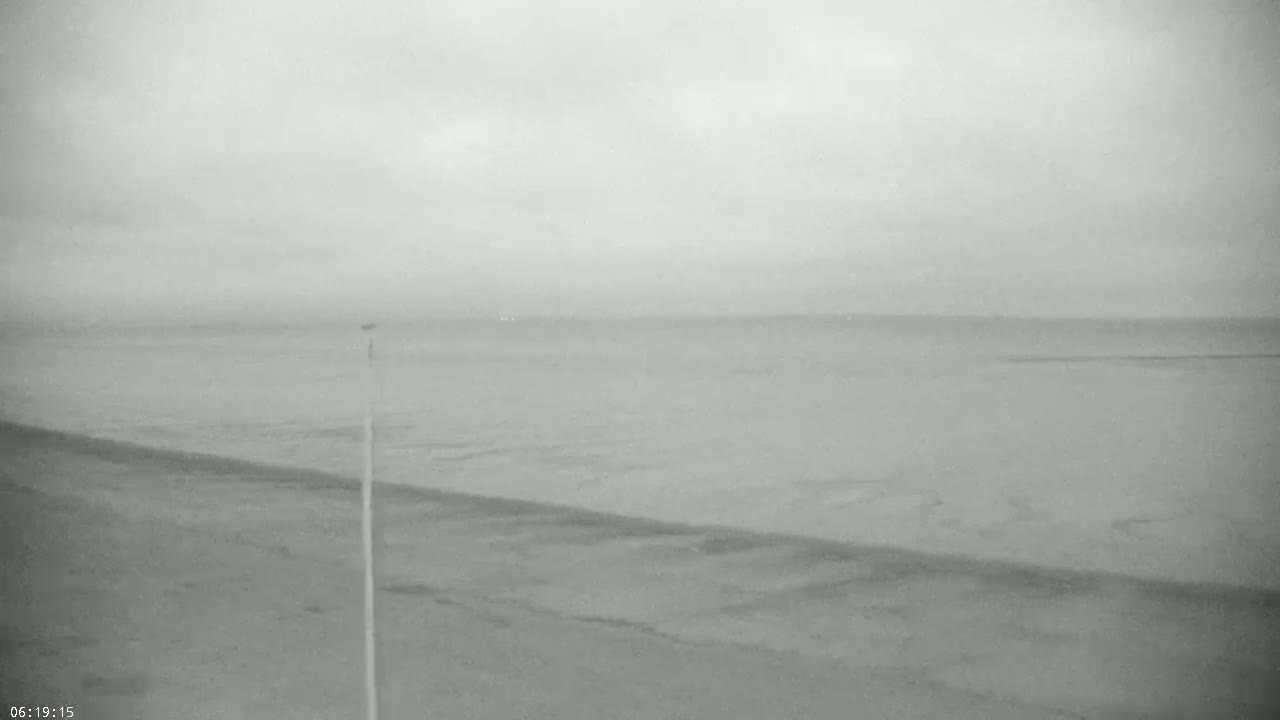 A gray, overcast sky hangs over a flat expanse of sand meeting a calm, gray body of water.