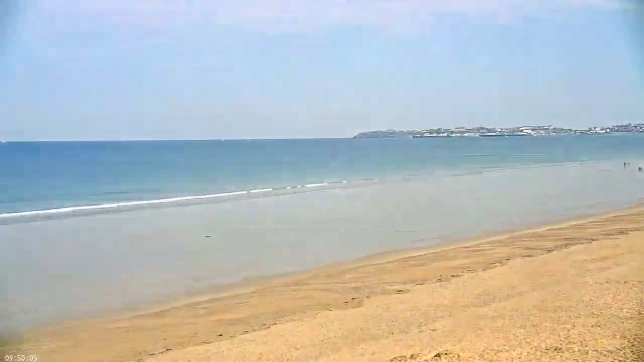 A sandy beach slopes down to a calm, light-blue ocean under a clear sky.