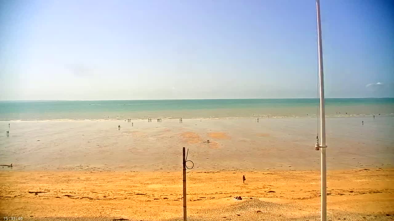 A wide shot shows a sandy beach with a few people on it, leading to a calm, teal ocean under a clear, sunny sky.