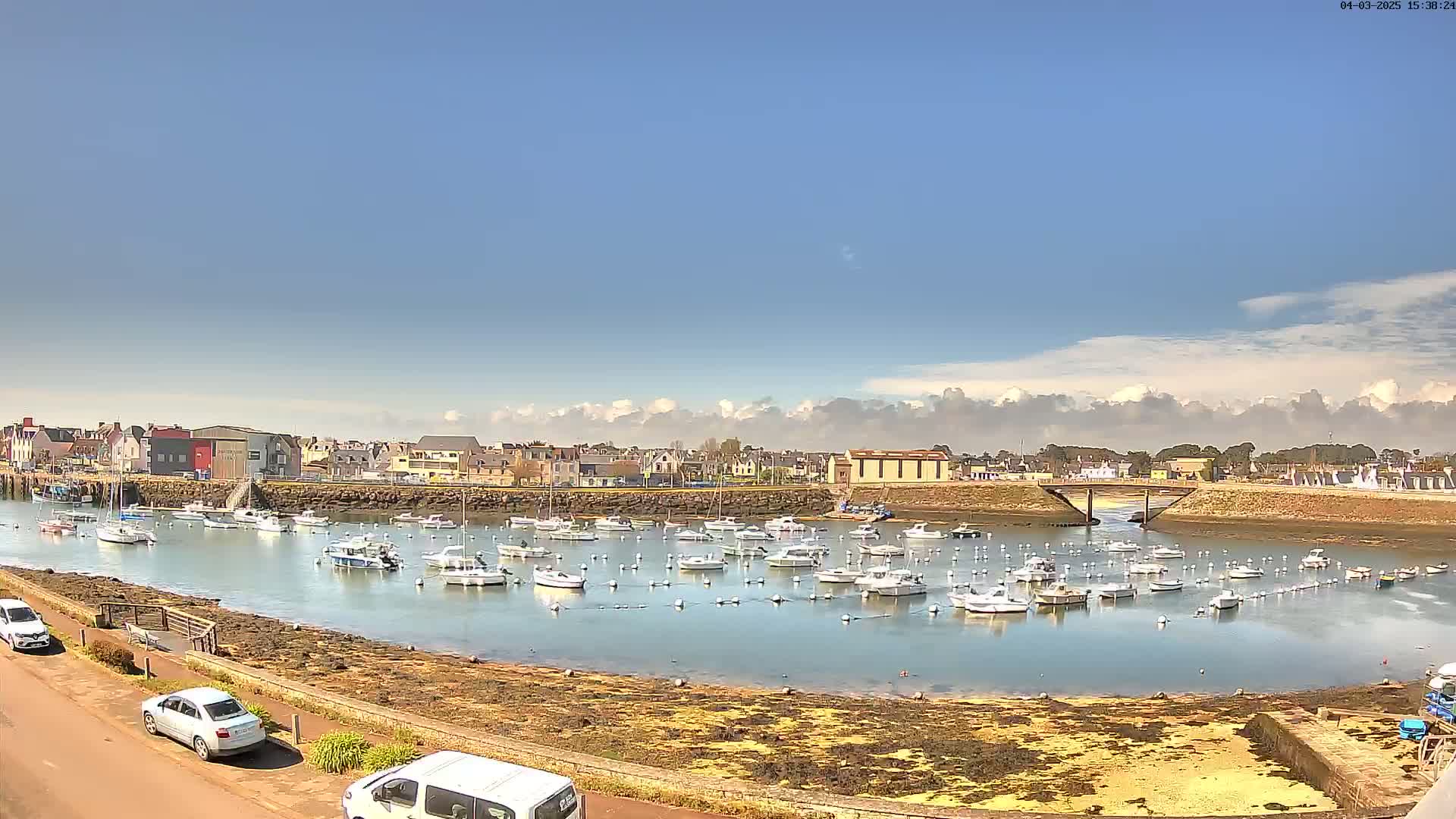 A calm harbor filled with numerous small white boats under a mostly sunny sky with scattered clouds.