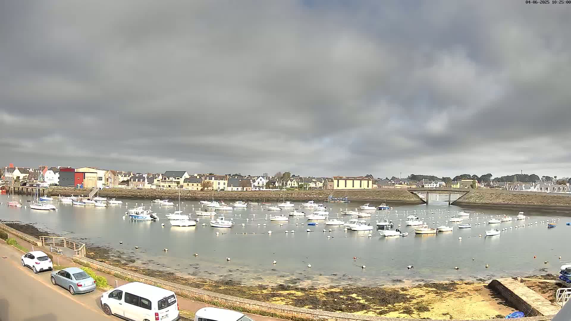 Under a mostly cloudy sky, a harbor filled with numerous small boats is nestled next to a town of low-lying buildings.