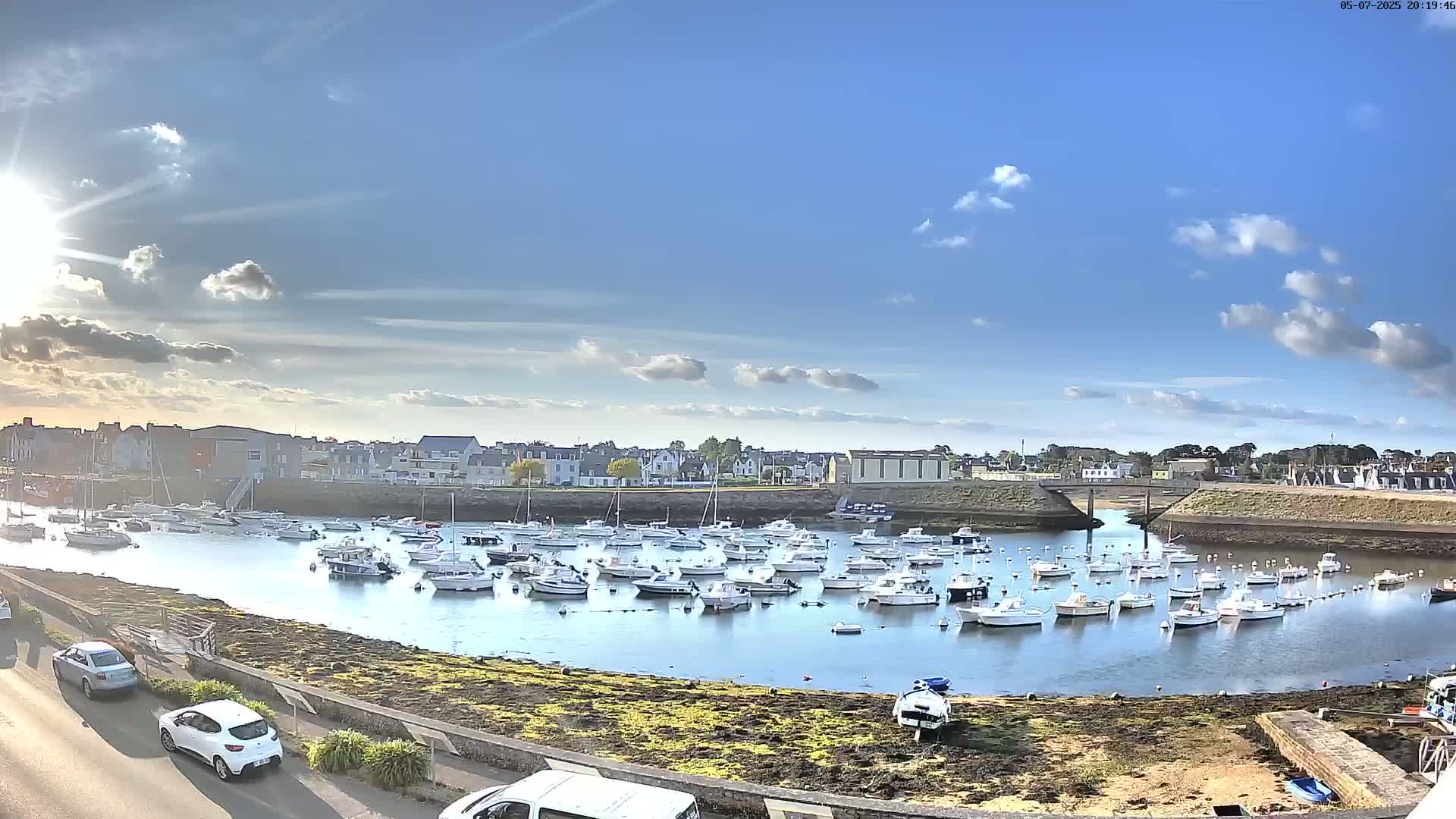 A harbor filled with numerous small white boats is situated under a mostly sunny sky with scattered clouds, near a town with low buildings.