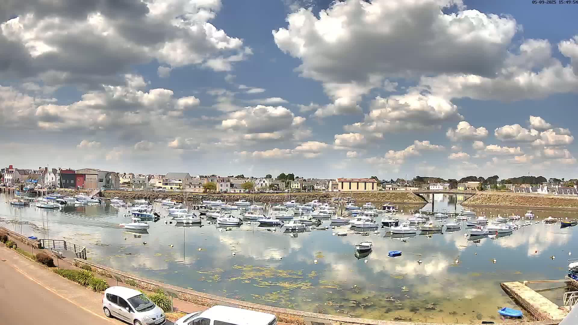 A calm harbor filled with numerous small boats is situated in front of a town under a partly cloudy sky.