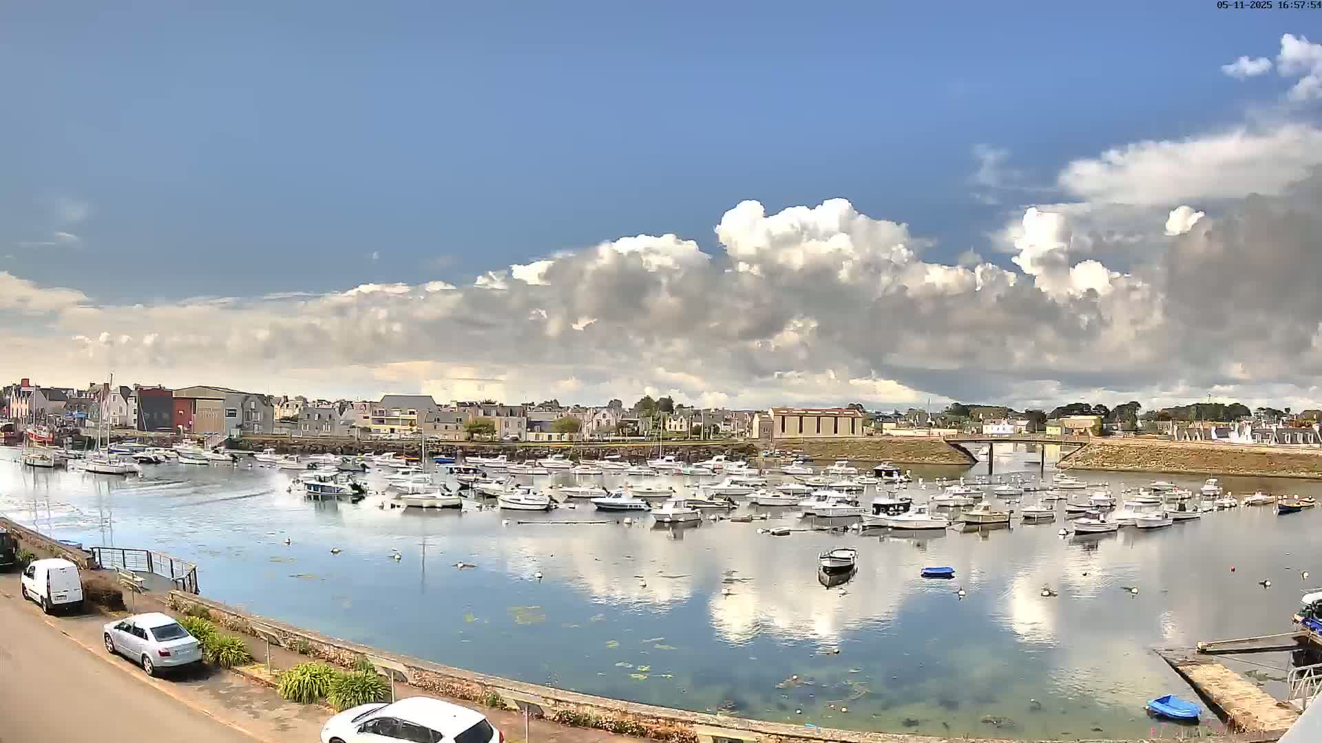 A harbor filled with numerous boats is nestled beside a town under a partly cloudy sky.