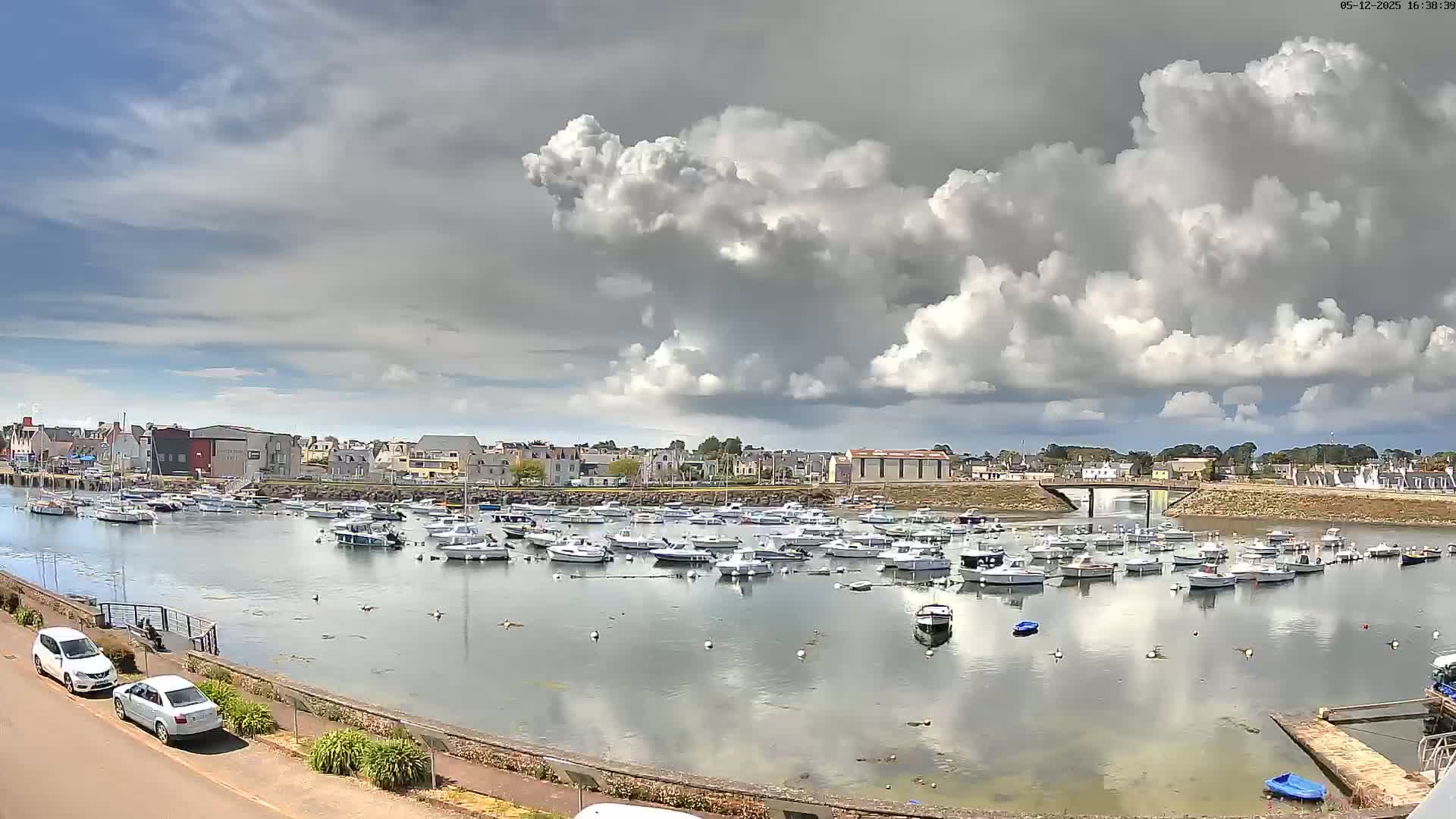 A harbor filled with numerous boats is situated beneath a partly cloudy sky.