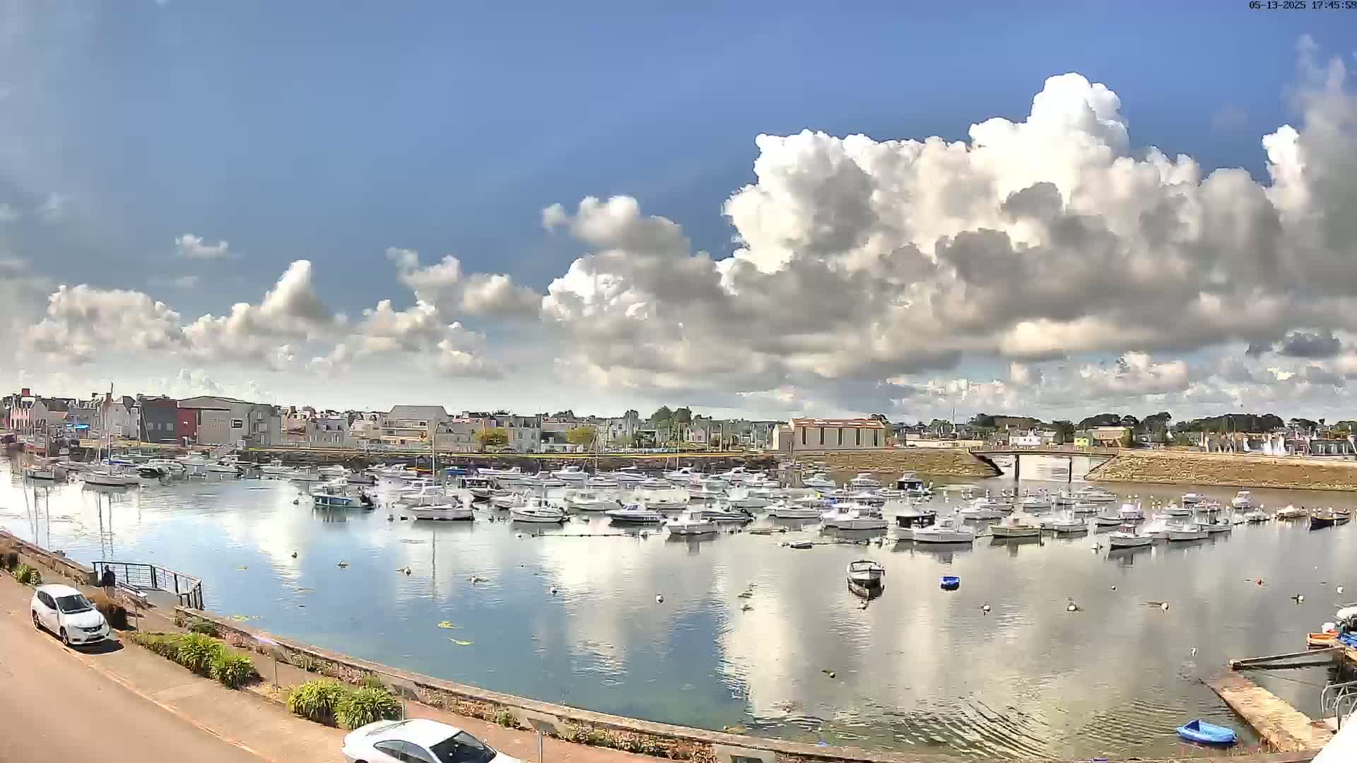 A calm harbor filled with numerous boats is situated below a partly cloudy sky.