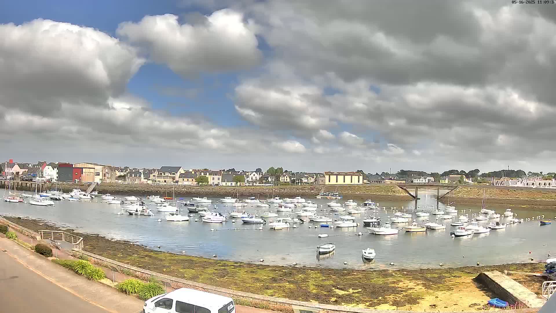 A harbor filled with numerous small boats is situated under a partly cloudy sky.