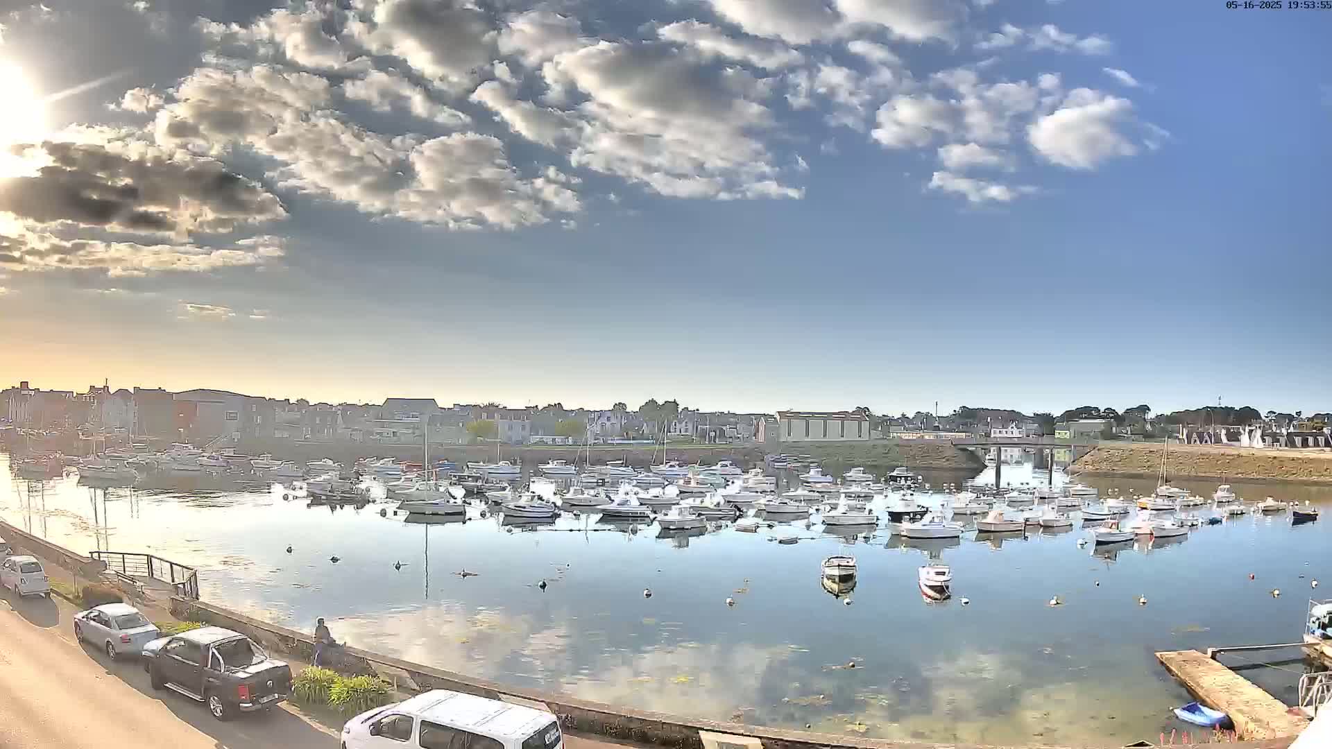 A harbor filled with numerous boats is situated in front of a town under a partly sunny sky with fluffy clouds.