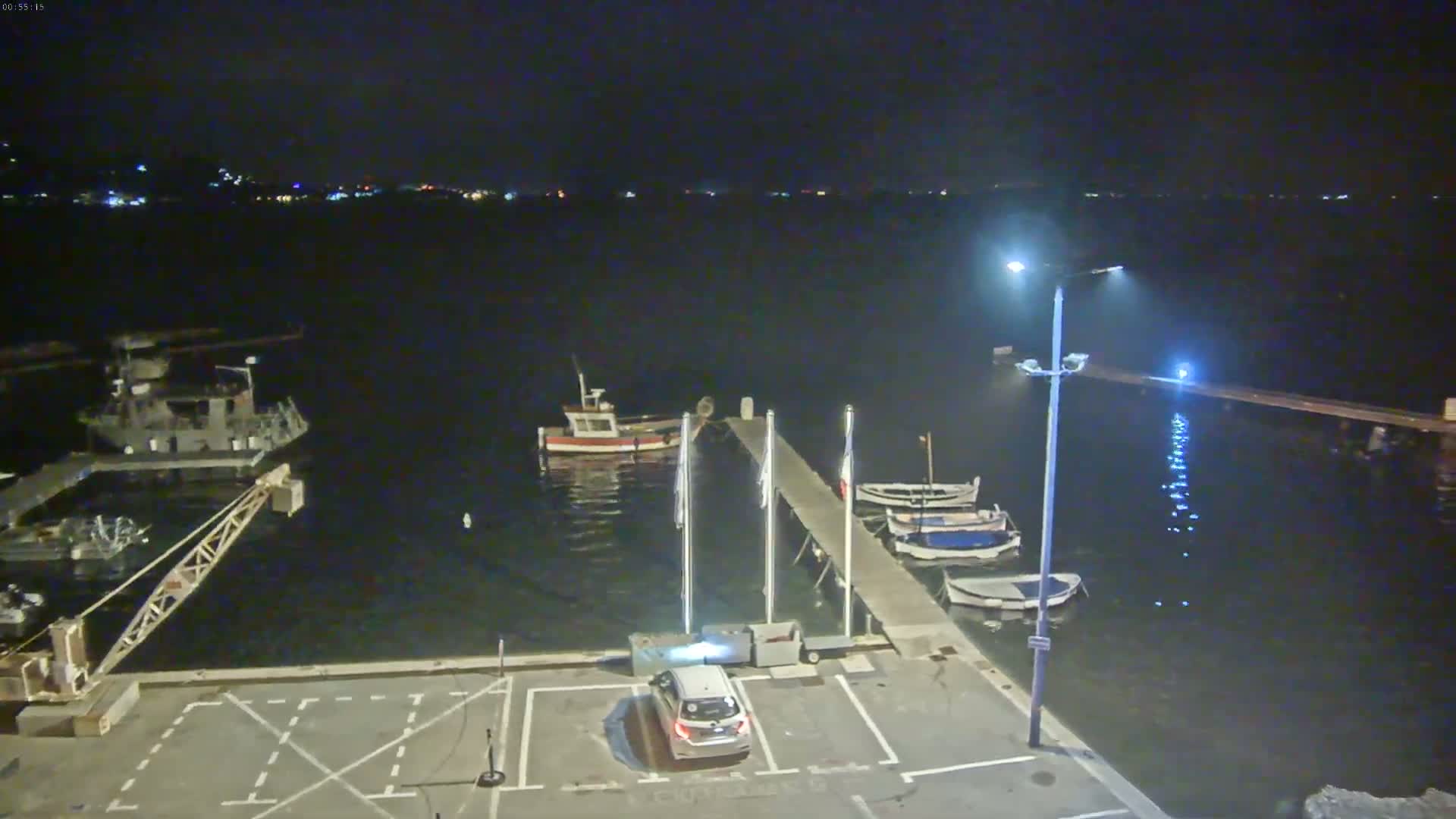 A nighttime view of a harbor with several boats docked at a pier, a car parked in a lot, and a distant shoreline faintly illuminated.