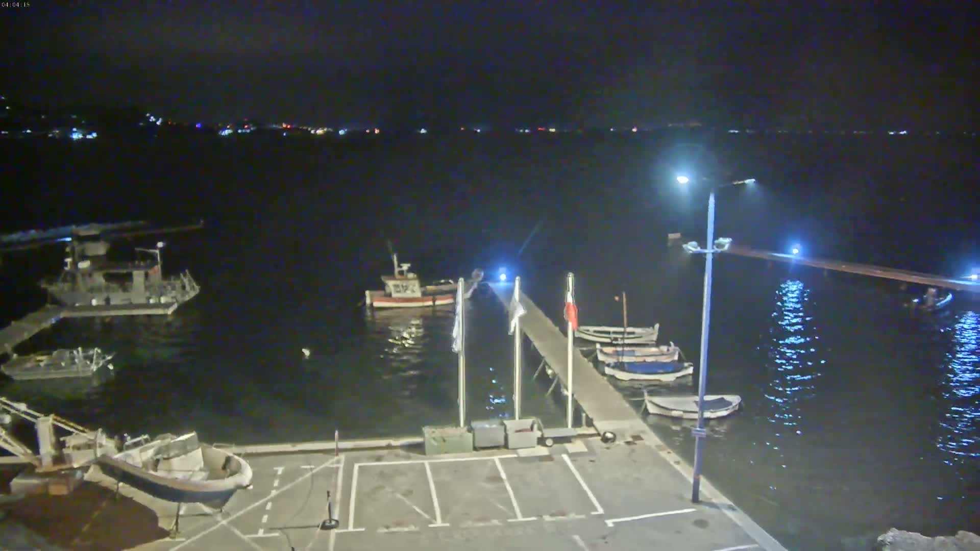 A nighttime view of a harbor with several boats moored at a pier, under a dark sky.