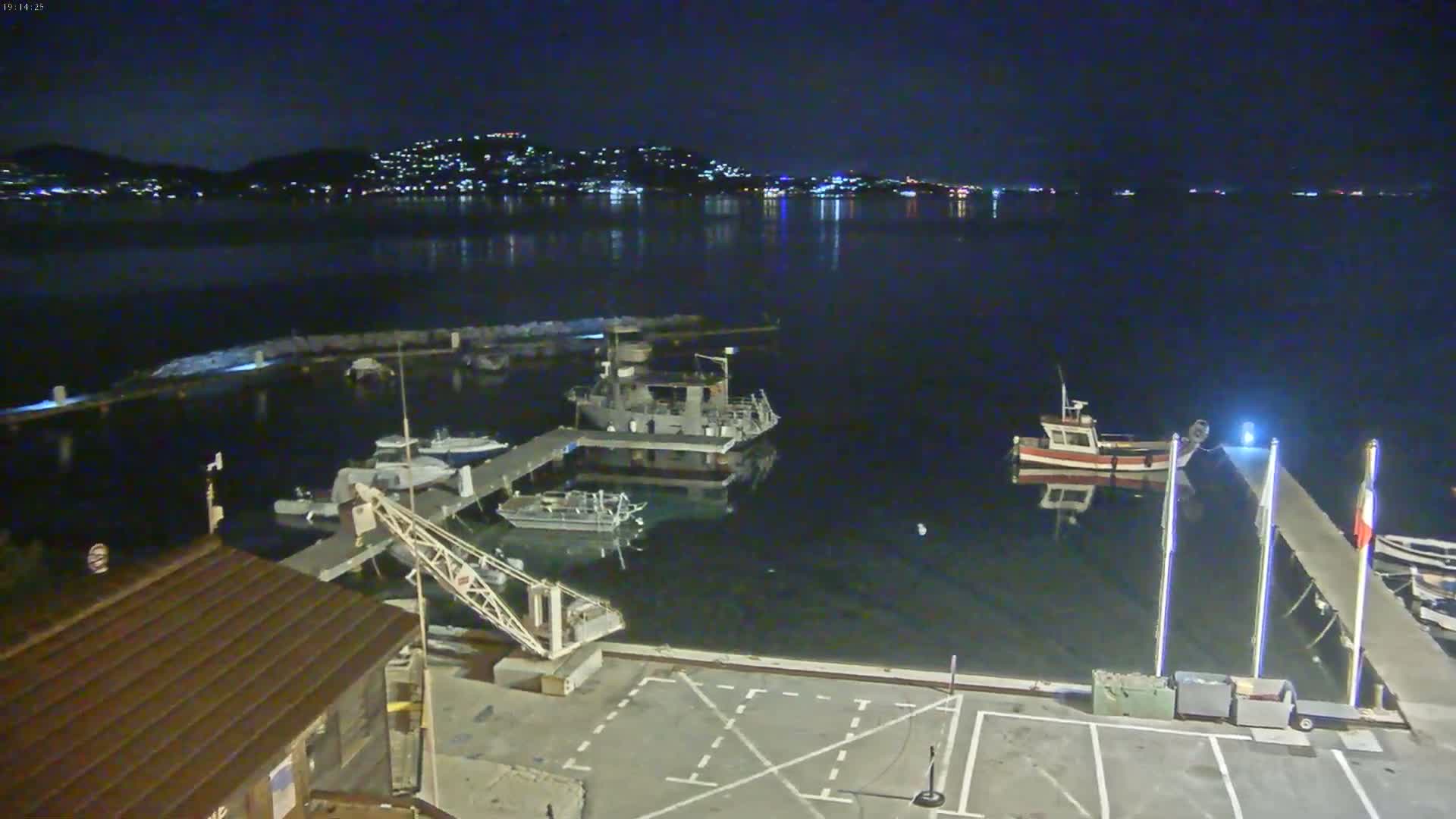 A nighttime view of a harbor with several boats docked, a distant city skyline illuminated, and calm dark water.