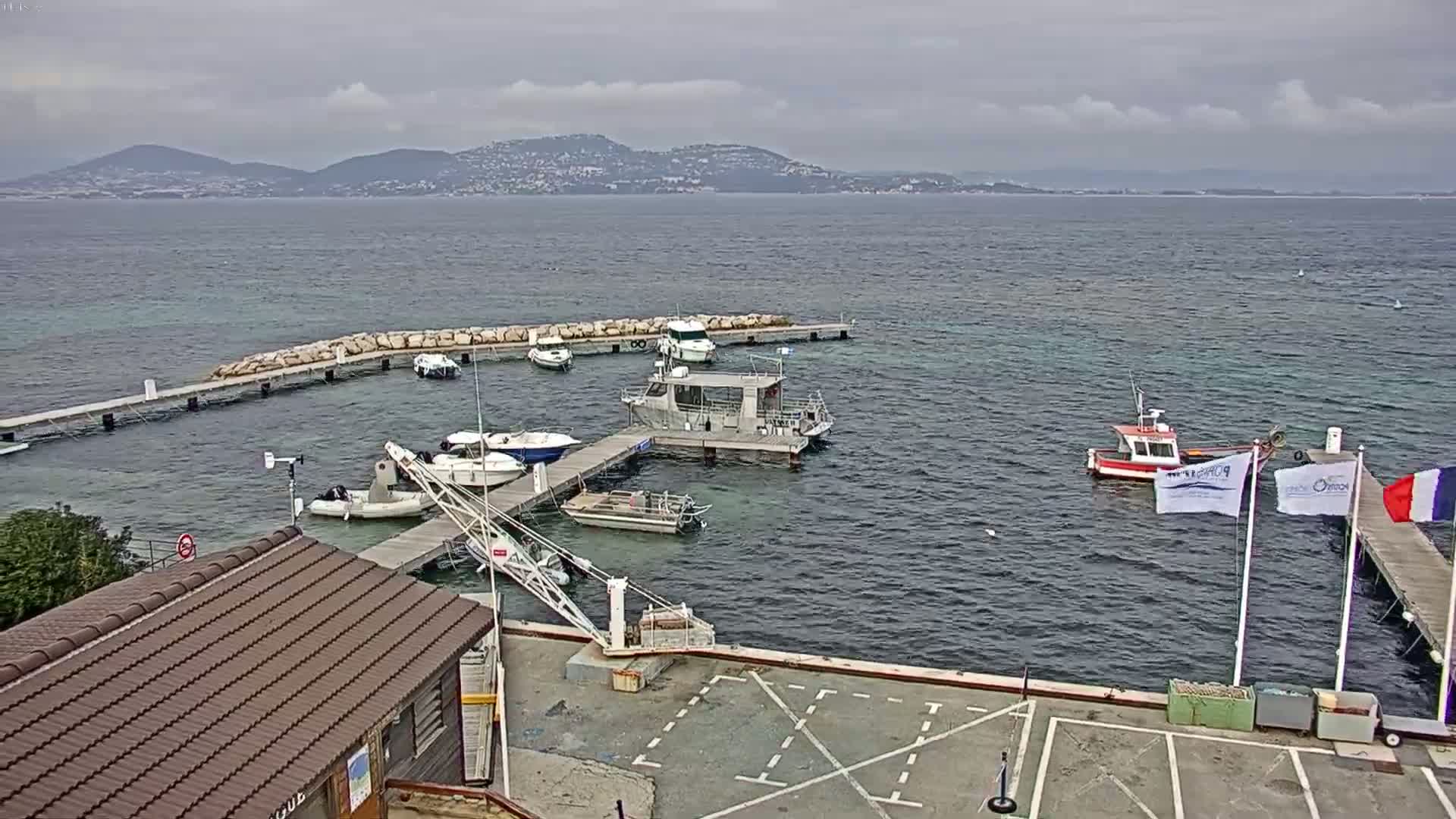 A small marina with numerous boats docked at piers, under an overcast sky, overlooks a calm body of water with mountains in the distance.