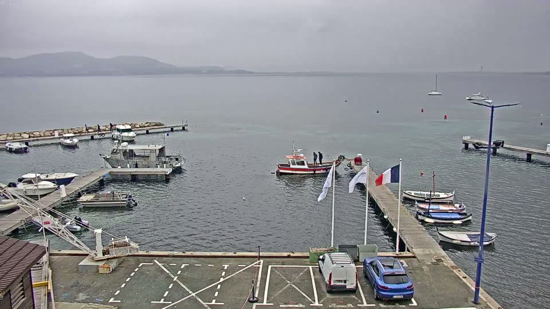A harbor with several boats moored at docks, under an overcast sky, with a few cars parked nearby.