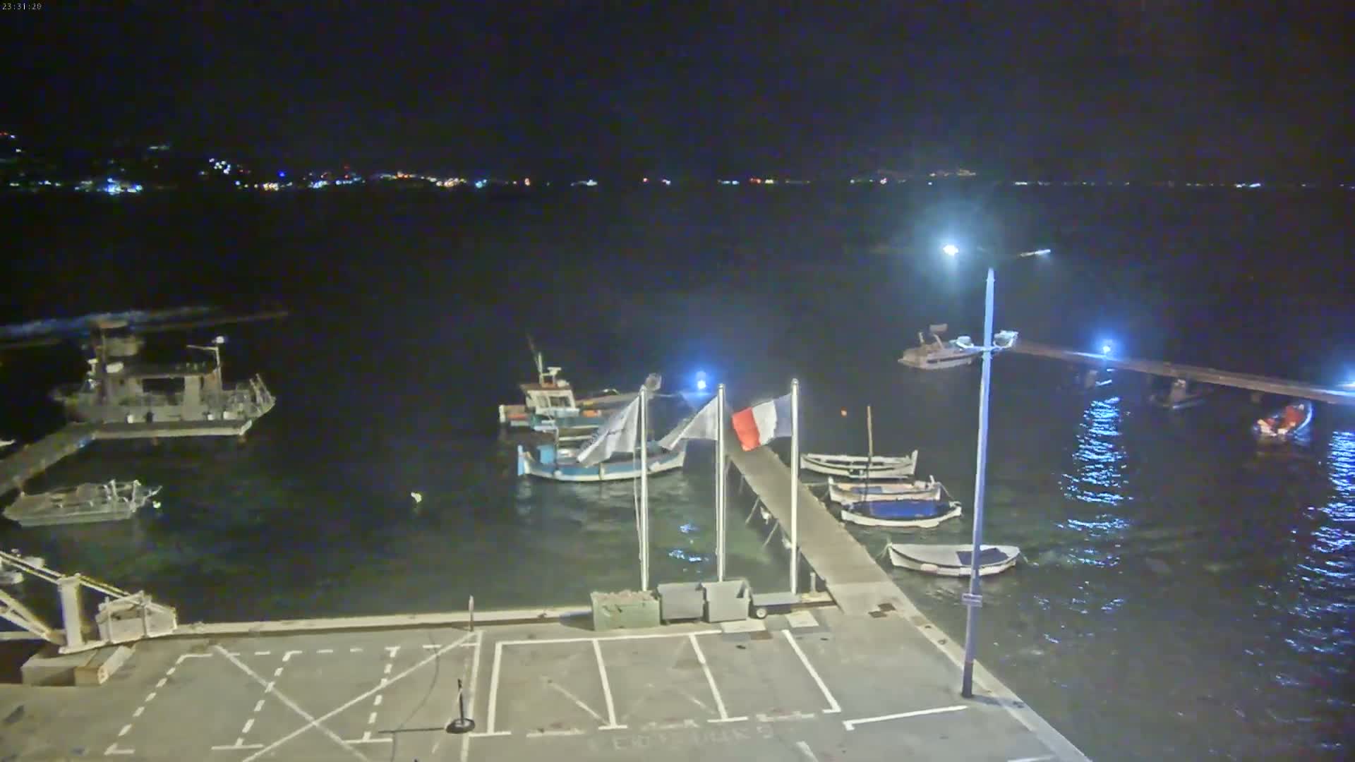 At night, several boats are moored at a dock, with a city skyline visible in the distance under a clear sky.