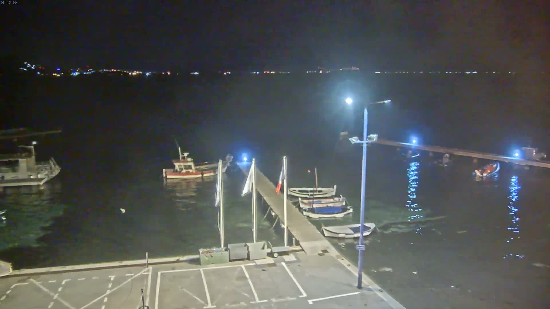 Several boats are moored at a pier at night, under a dark sky, with lights illuminating the water and a distant shoreline visible.