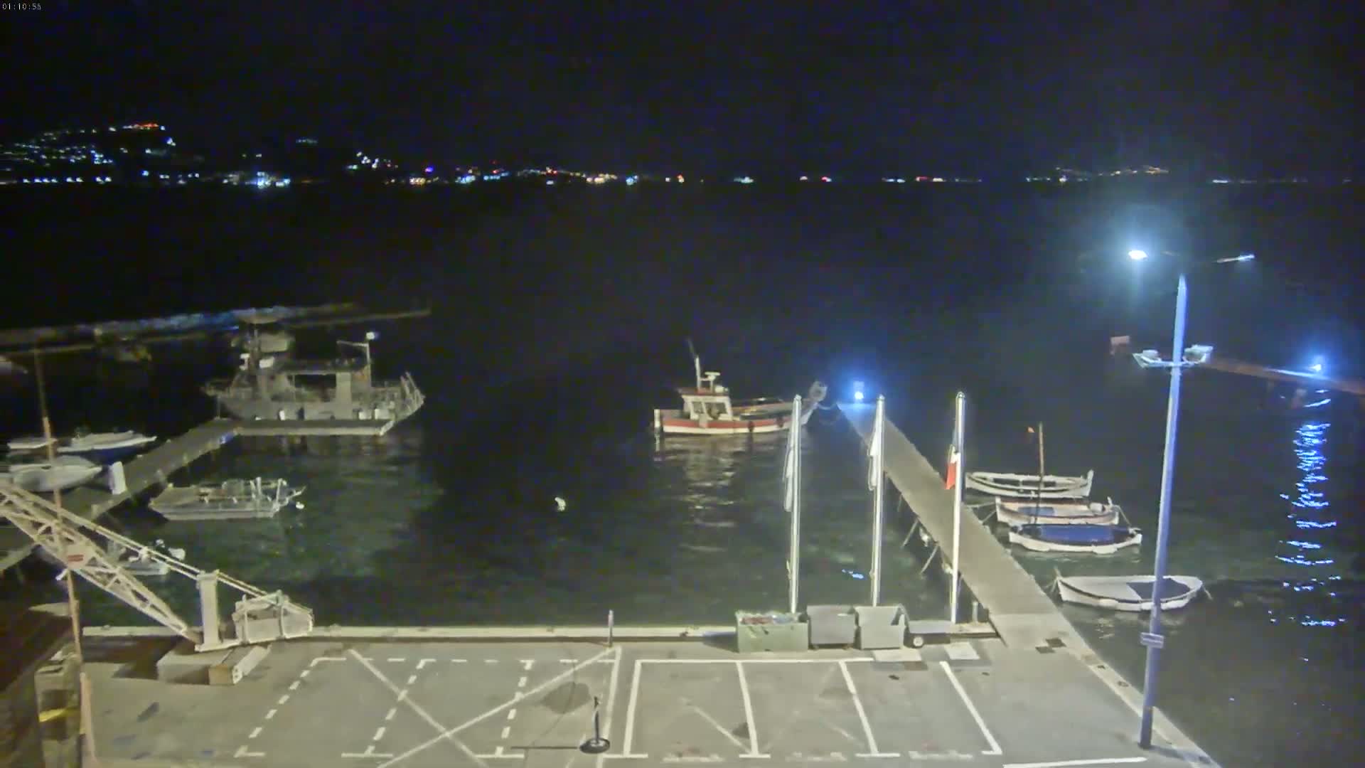 Several boats are moored at a pier at night, with a city skyline visible in the distance under a clear, dark sky.
