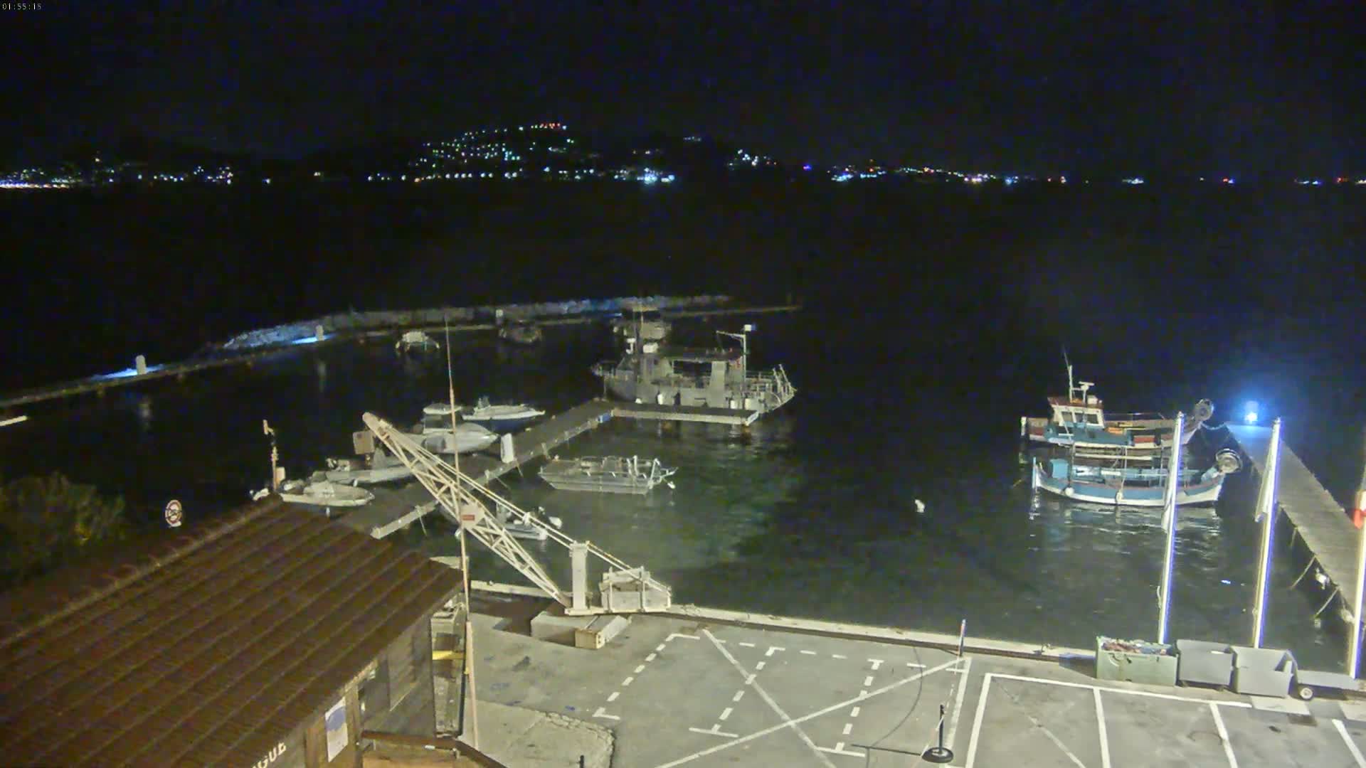 A nighttime view of a harbor with several boats docked, a small crane, and a building, under a clear, dark sky with a distant town faintly lit on the horizon.