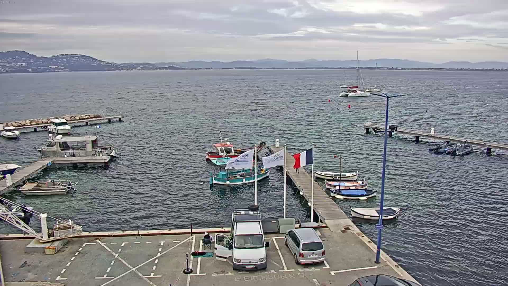 A harbor scene on an overcast day shows several small boats and a few cars parked near a pier, with larger boats and sailboats visible in the distance across the calm water.