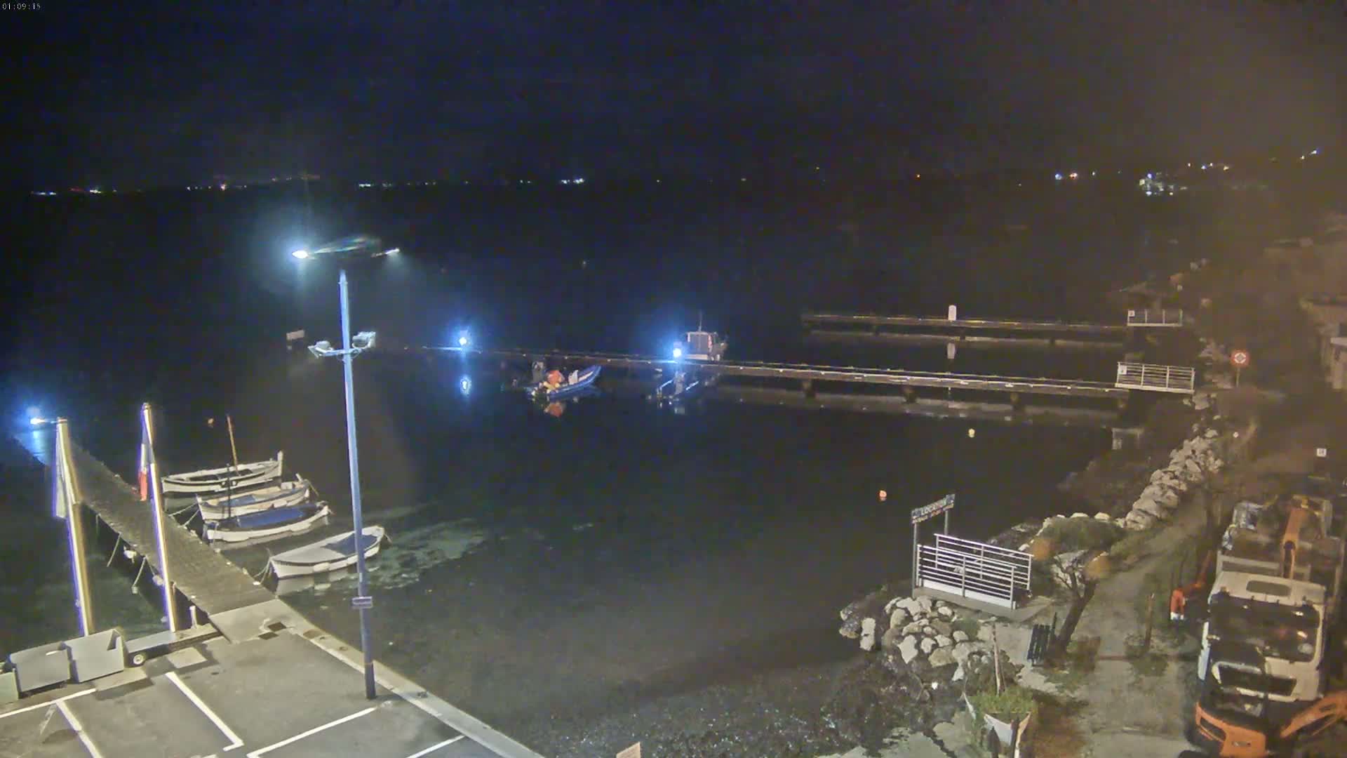 A nighttime view of a calm harbor with several small boats docked at piers, lit by several lamps, with a larger vehicle parked on the shore.