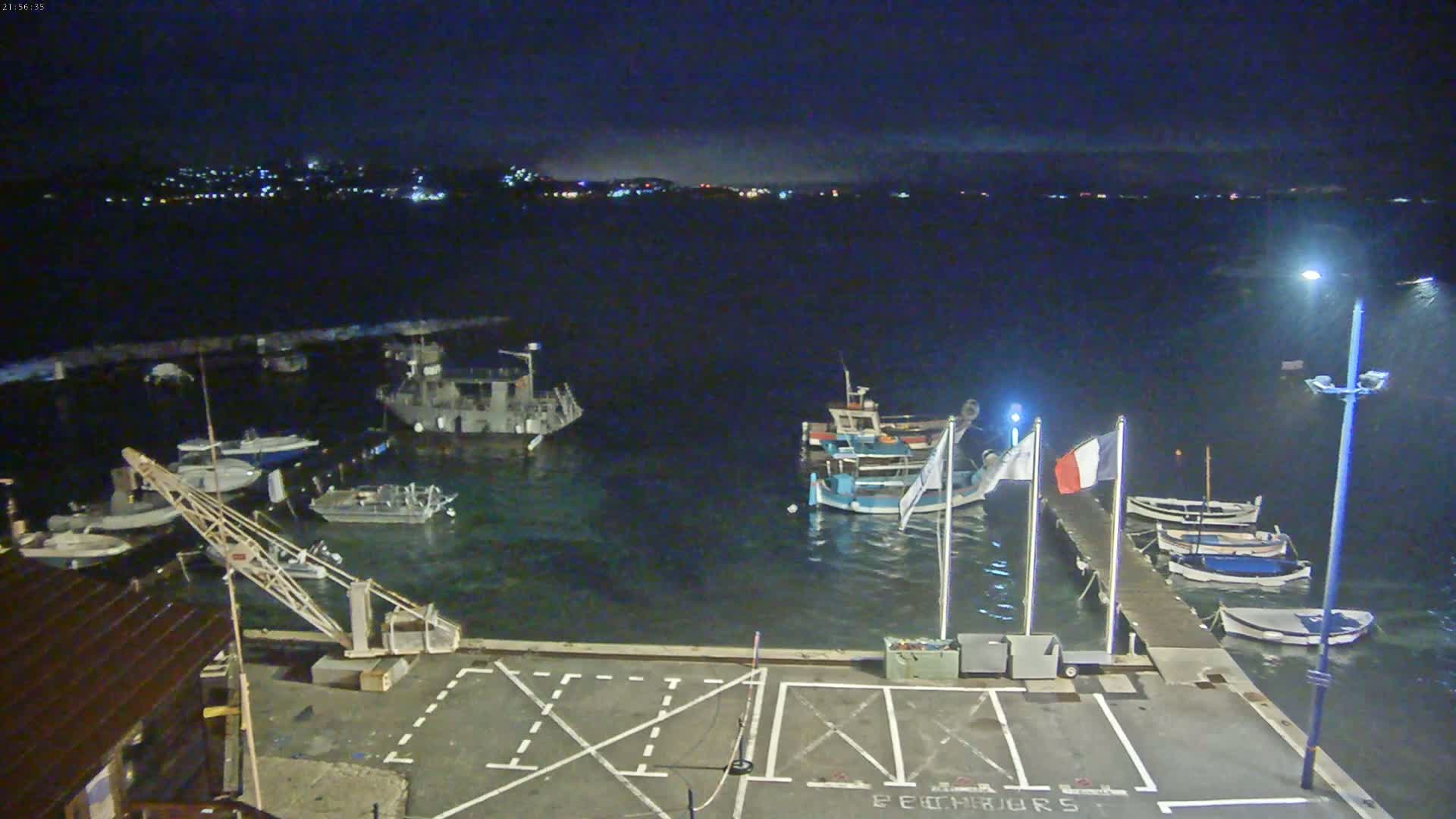 A nighttime view of a harbor with several boats docked, a small crane, and a city skyline visible in the distance under a dark, possibly rainy sky.