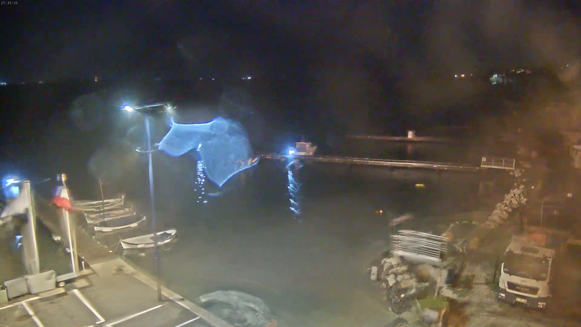 A nighttime scene of a harbor with several boats docked, a truck parked nearby, and a blurry, possibly bioluminescent, object in the water.