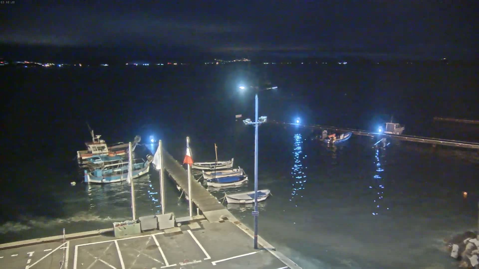 Several small boats are moored at a dock at night under a dark, clear sky.