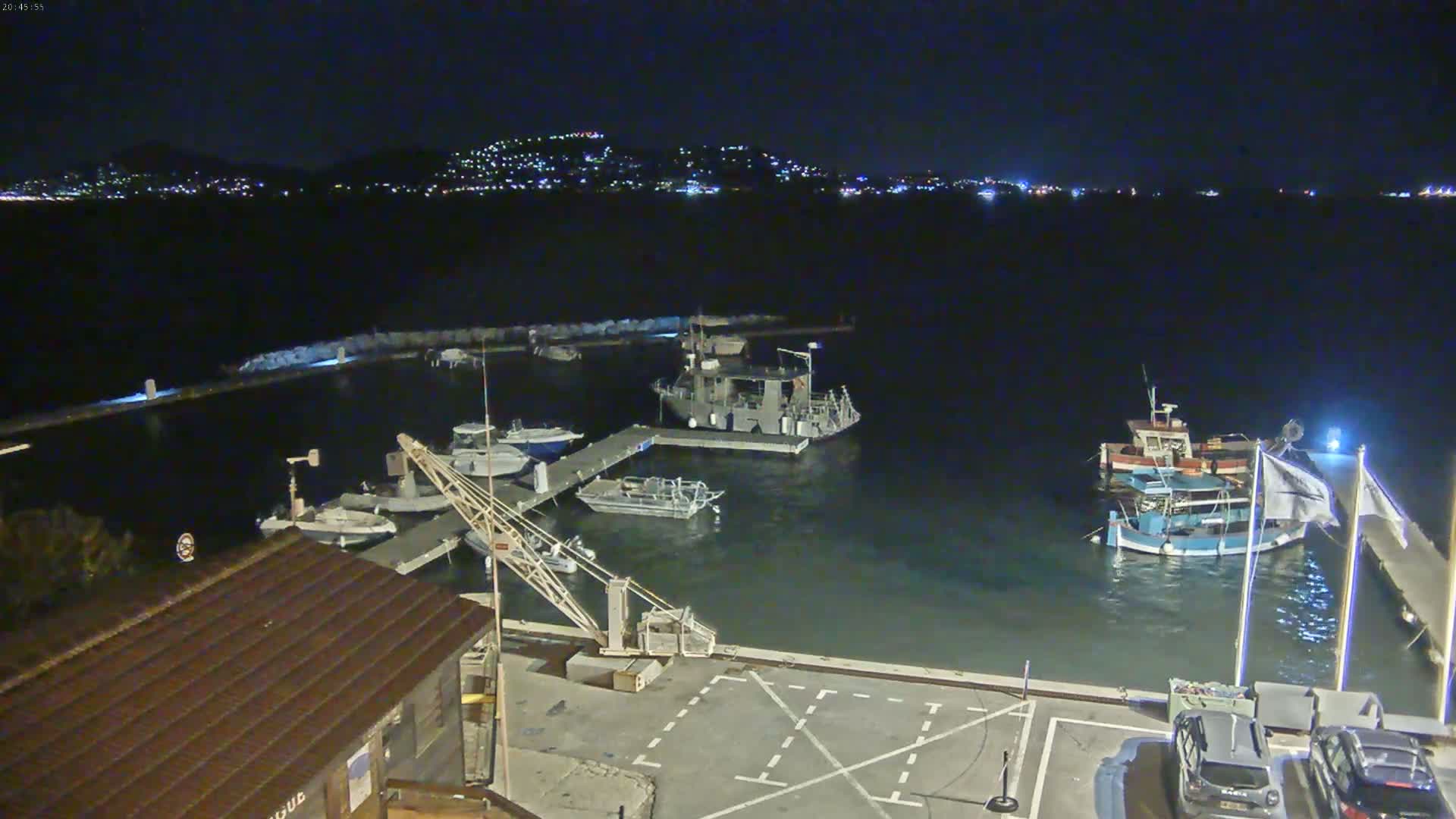 A nighttime view of a harbor filled with boats, a crane, and a building, with a distant city skyline illuminated under a clear, dark sky.