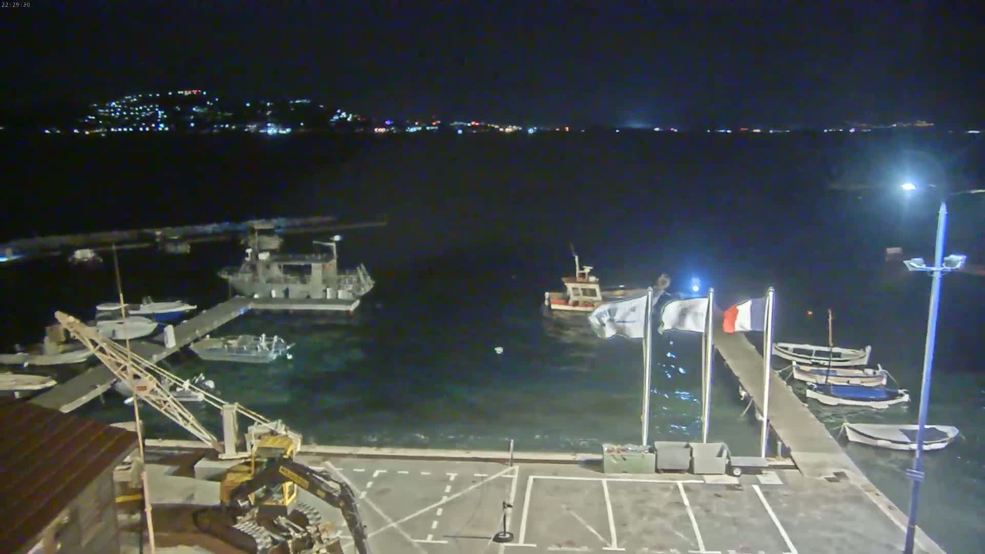 A nighttime view of a harbor with several boats moored at docks, a crane, and a city skyline visible in the distance under a clear, dark sky.