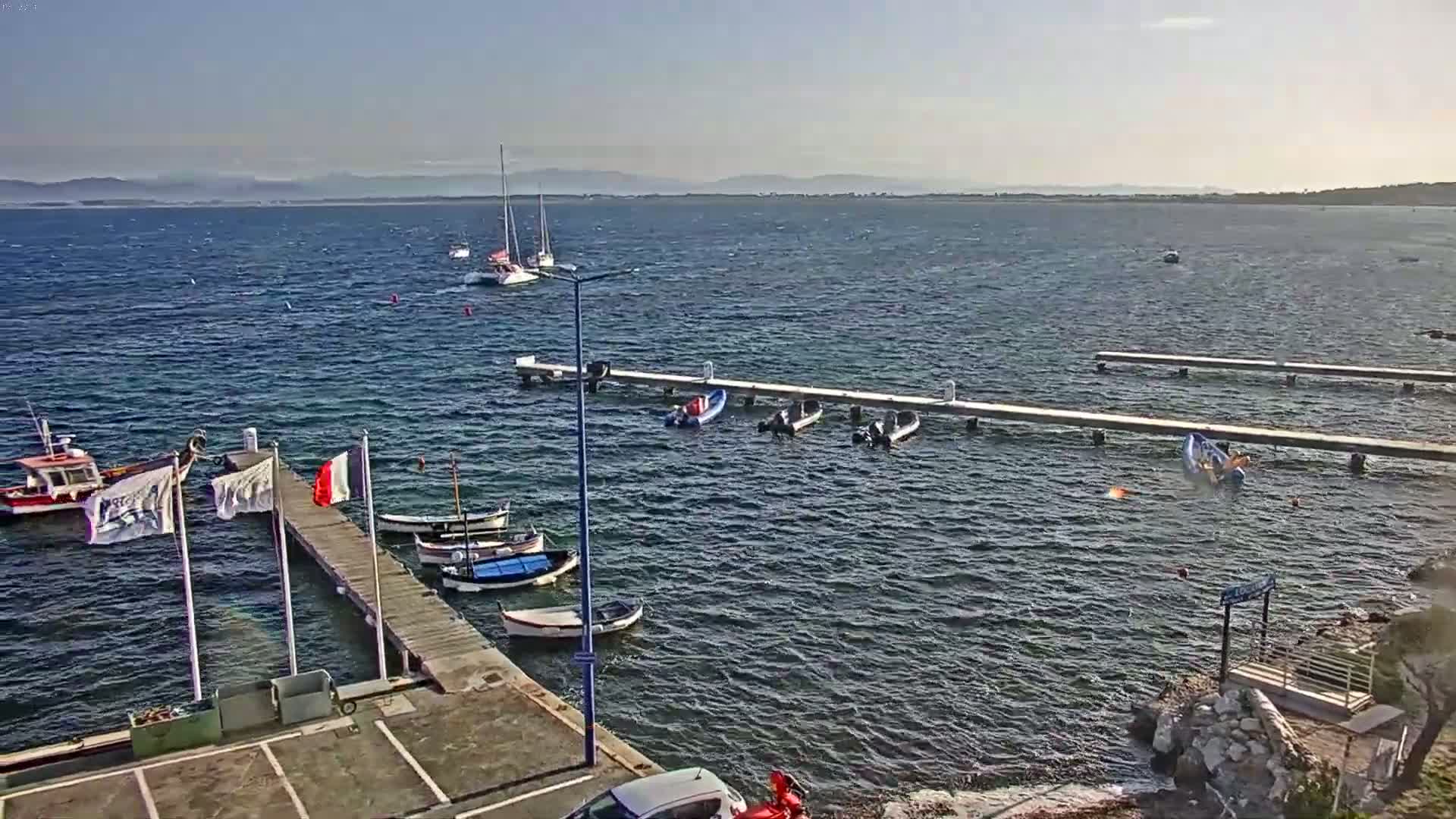 Several boats and sailboats are moored at a dock on a calm, sunny day, with a distant mountain range visible across the water.