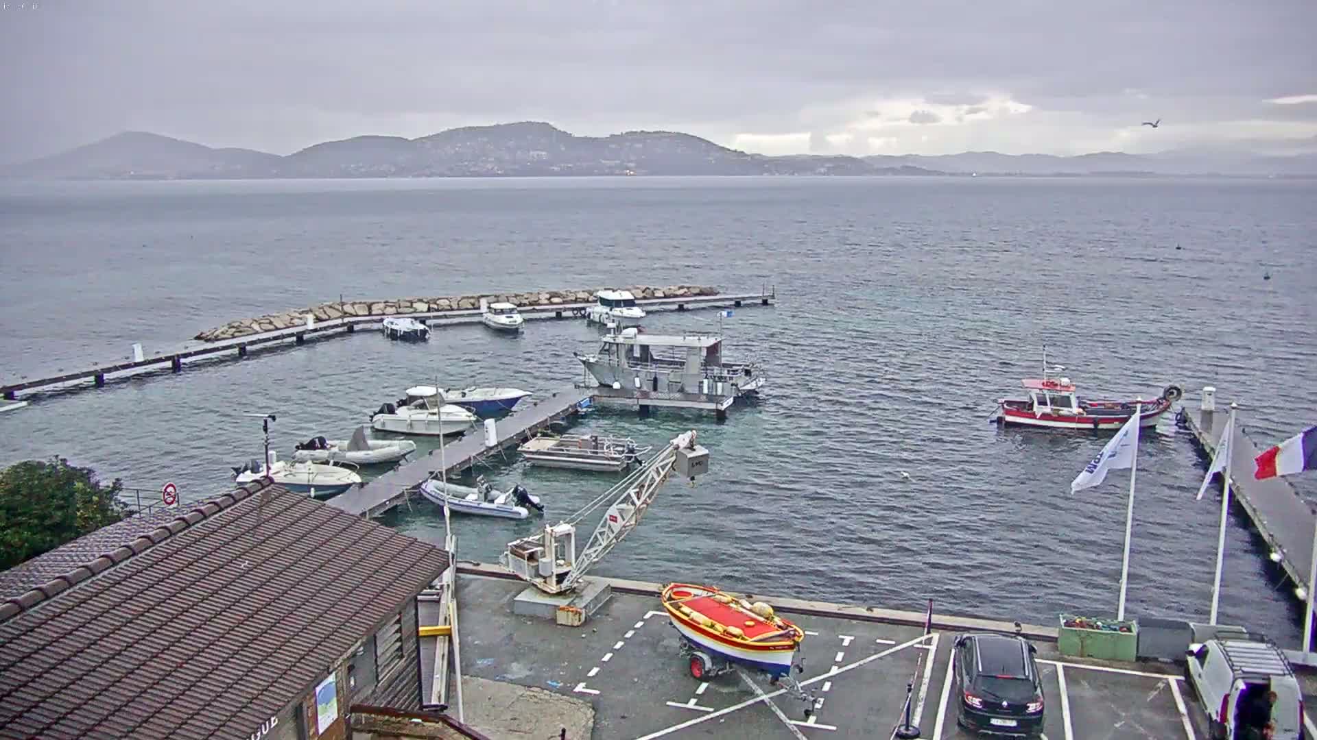 A small marina with numerous boats moored at docks, a crane, and a building under an overcast sky.