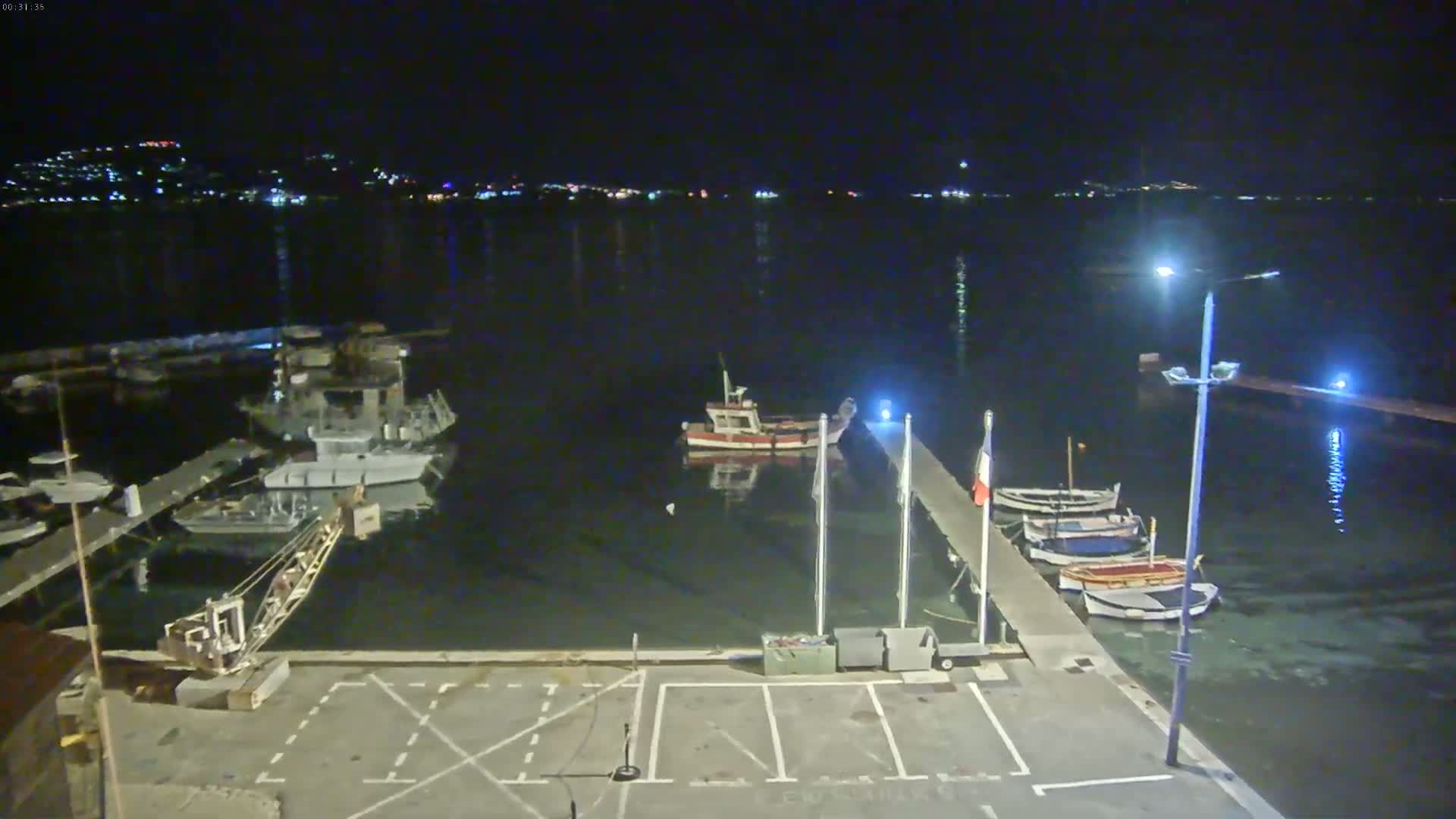 A nighttime view of a harbor with several boats moored at a dock, under a clear, dark sky.