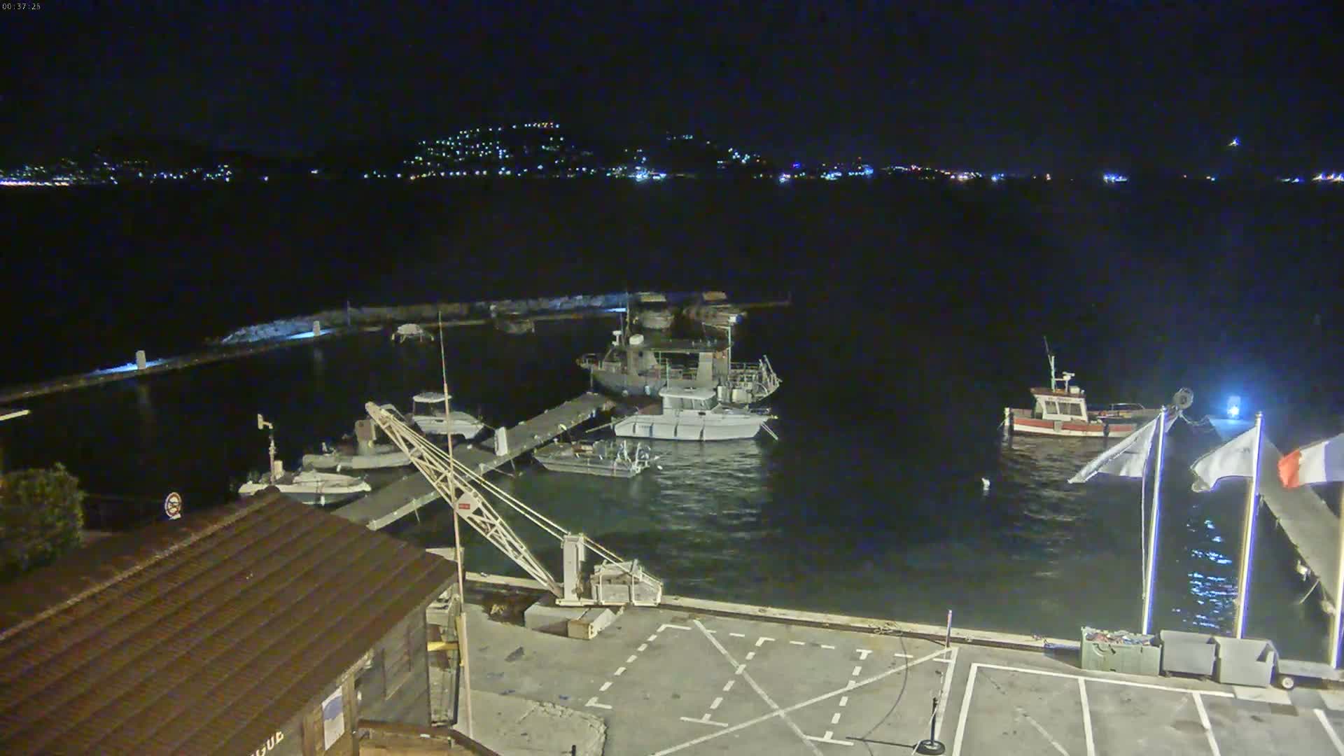 A nighttime view of a harbor with several boats moored at docks, a crane, and a building, under a clear, dark sky with city lights visible in the distance.