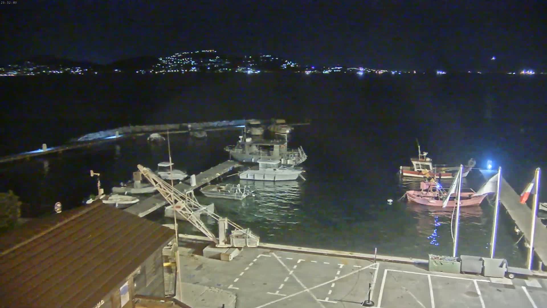 Several boats are docked at a marina at night, with a city's lights visible in the distance across the water.