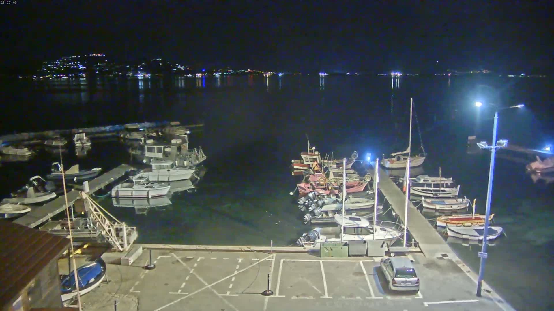 A nighttime view of a harbor filled with numerous boats moored along a dock, under a clear, dark sky with a distant town illuminated in the background.