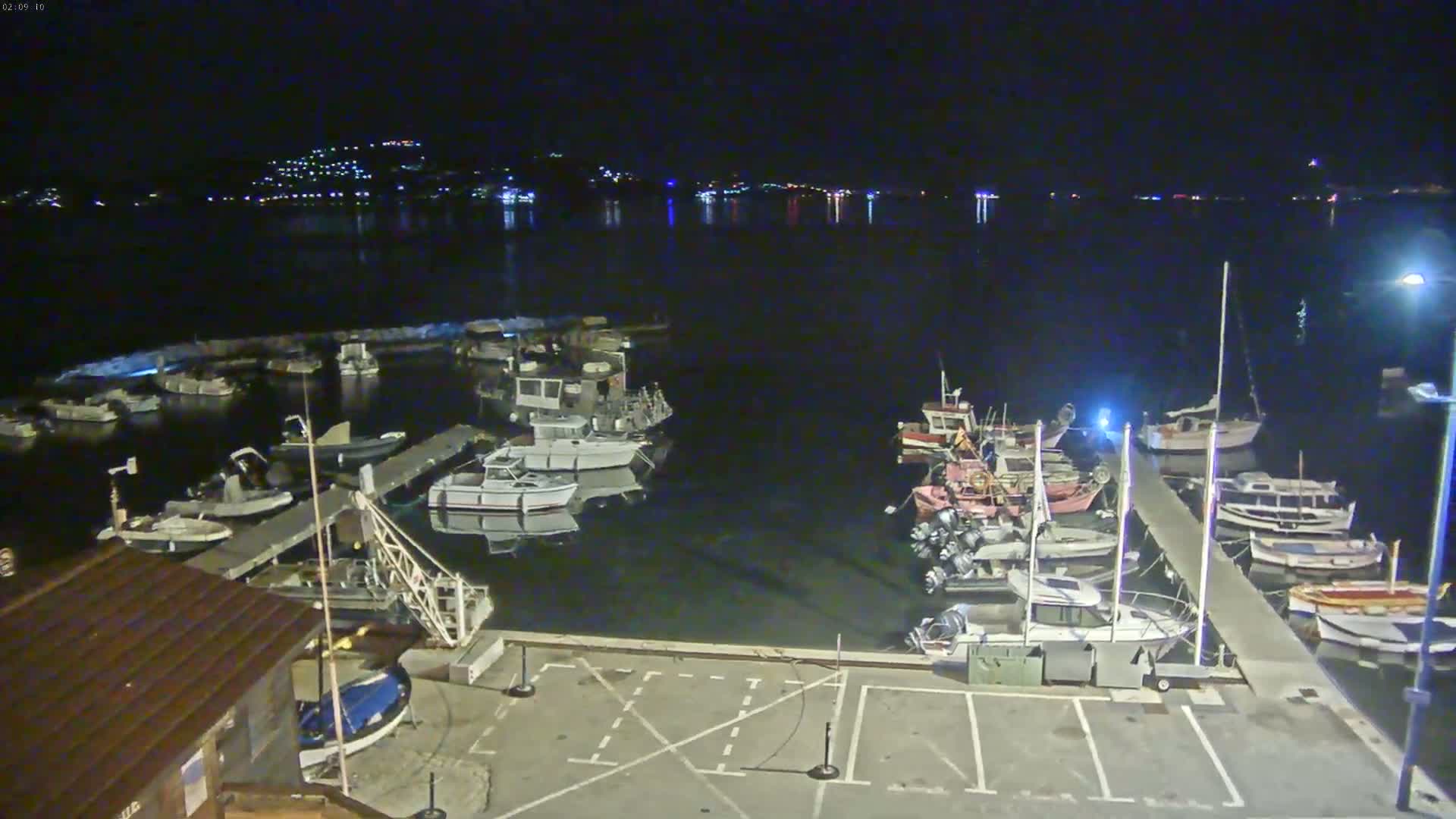 A nighttime view of a harbor filled with numerous boats docked alongside piers, with a town's lights visible in the distance across calm water.