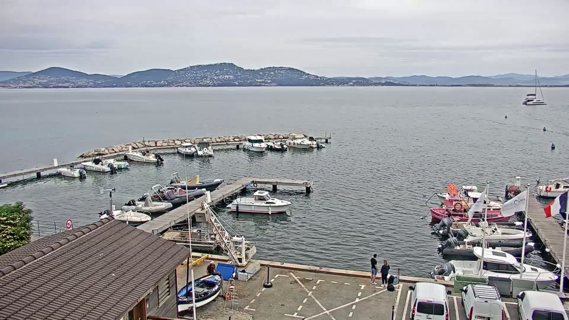 A calm bay with numerous boats docked at a marina, under an overcast sky, backed by distant mountains.
