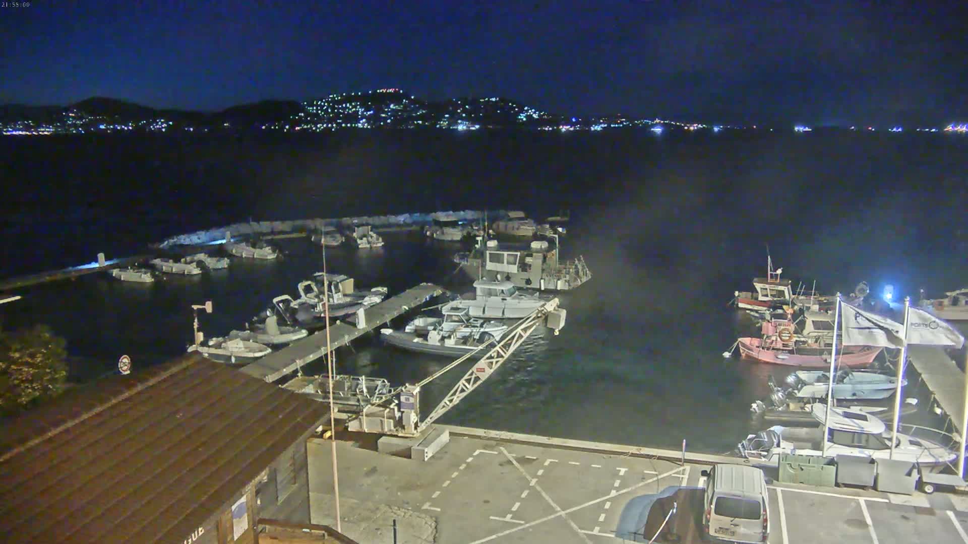 A nighttime view of a marina filled with boats, docked along a pier, with a town's lights visible across the water.