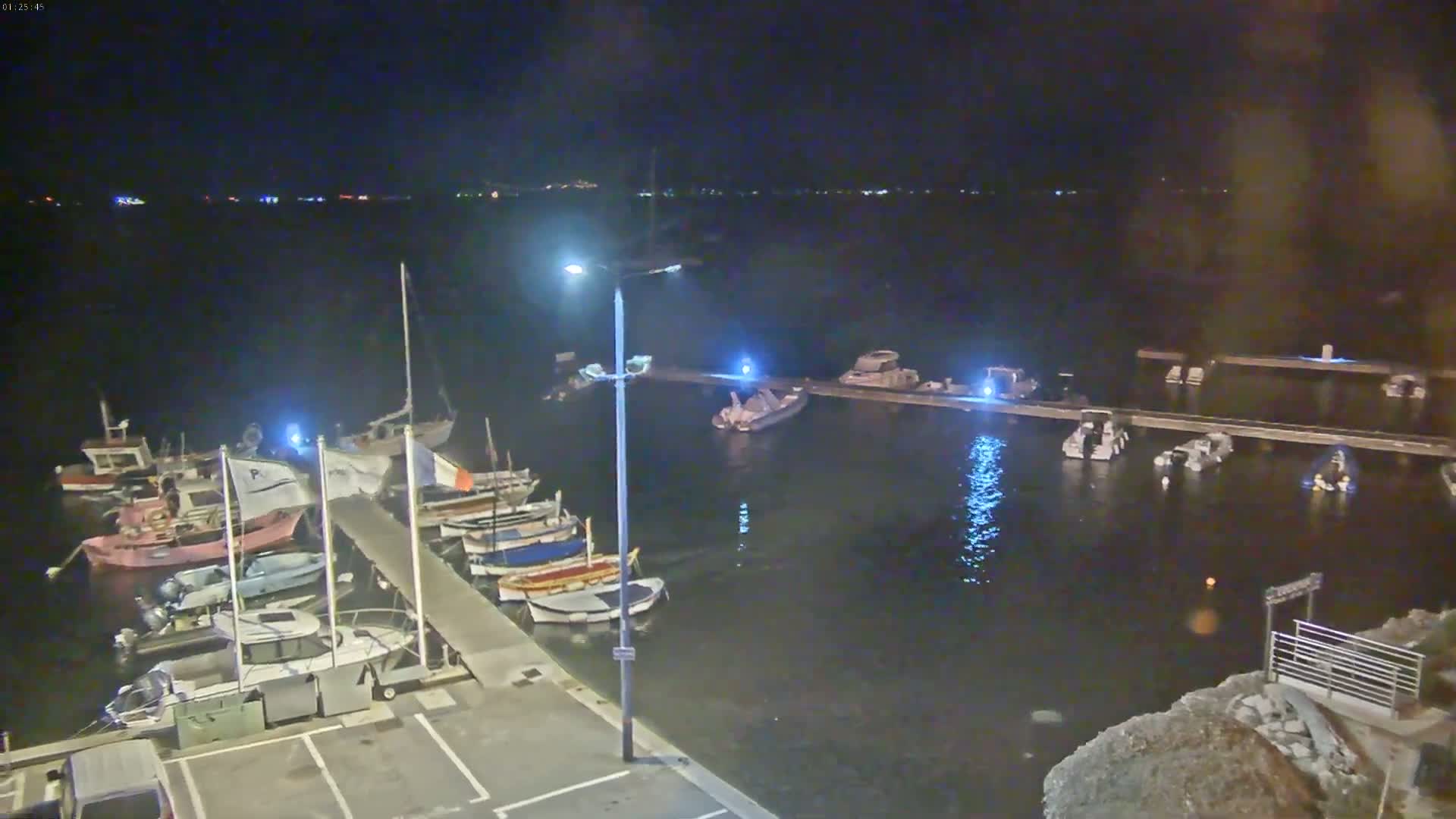 At night, numerous boats are moored at a pier next to a calm body of water under a clear, dark sky.