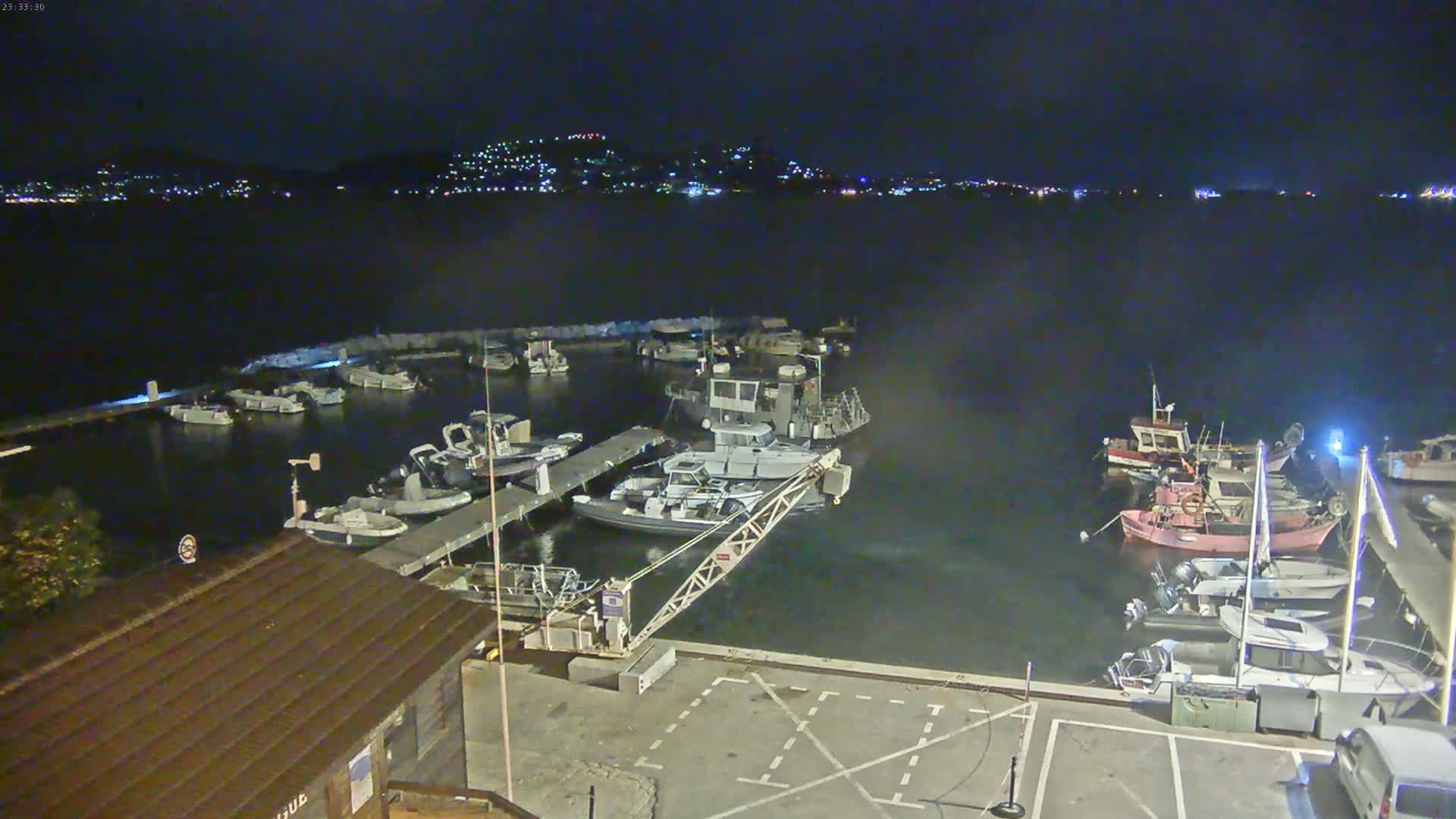 A nighttime view of a harbor filled with boats moored at docks, with a town illuminated in the distance under a clear, dark sky.