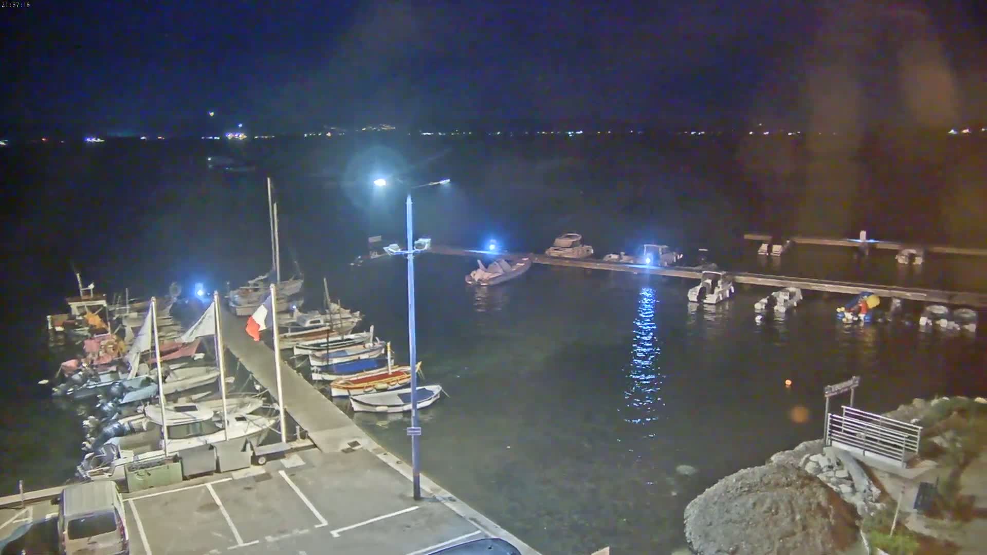 At night, numerous boats are moored at a dock along a calm body of water, illuminated by streetlights.