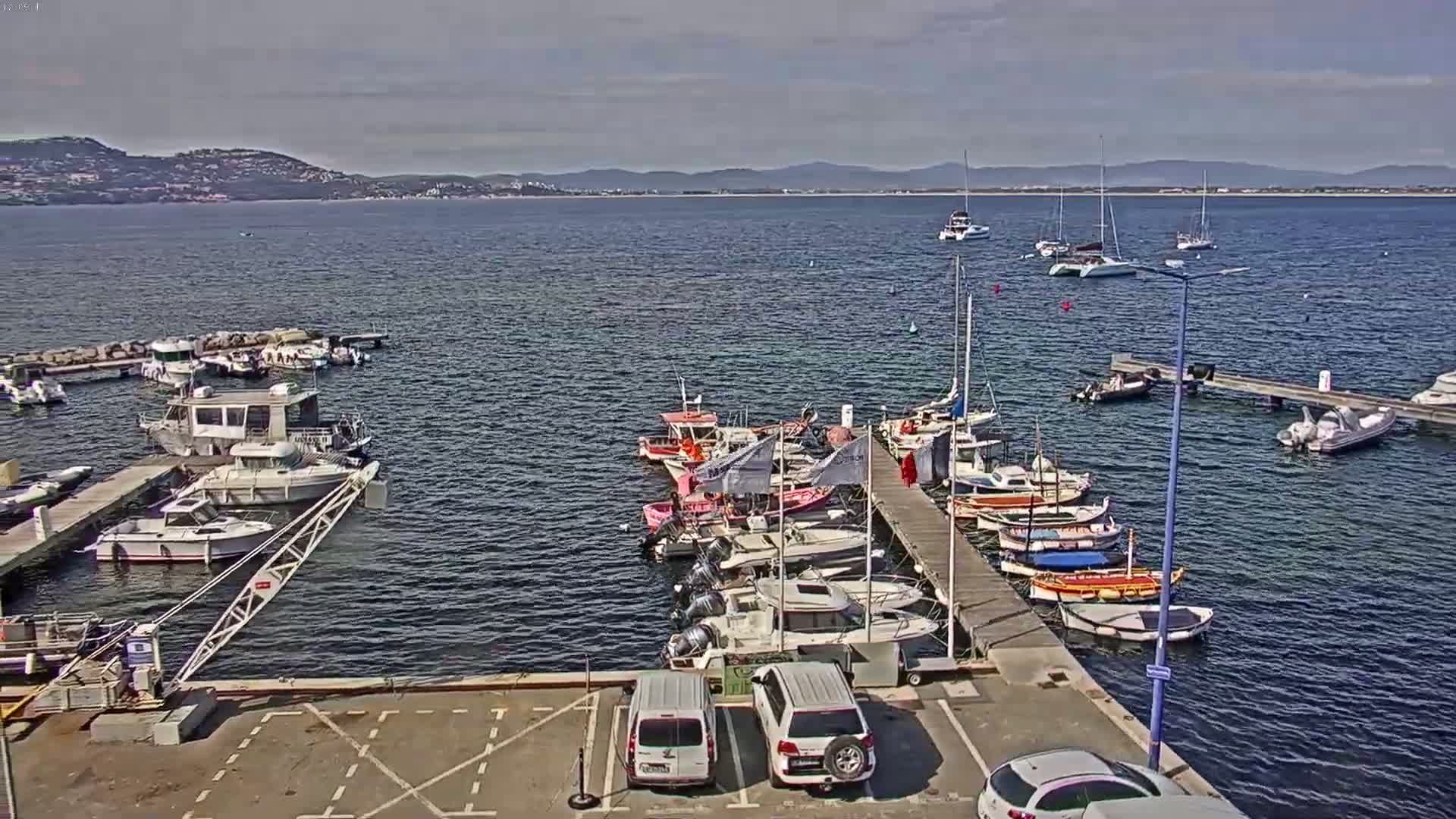 A marina with numerous boats docked at piers, several vehicles parked nearby, and calm, clear water extending to a distant shoreline under a partly cloudy sky.