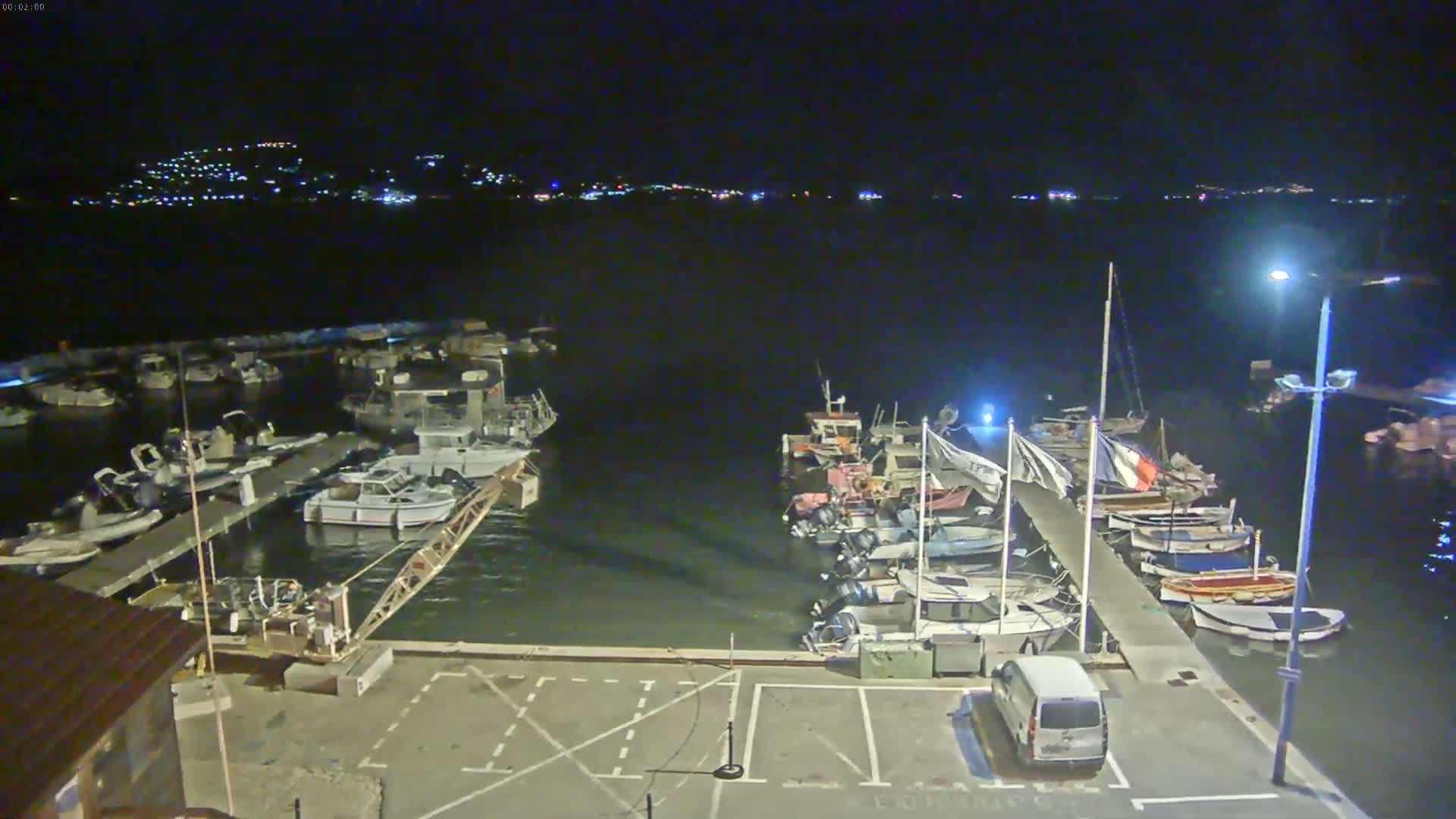 A nighttime view of a harbor filled with boats docked at piers, under clear skies with a distant illuminated shoreline.