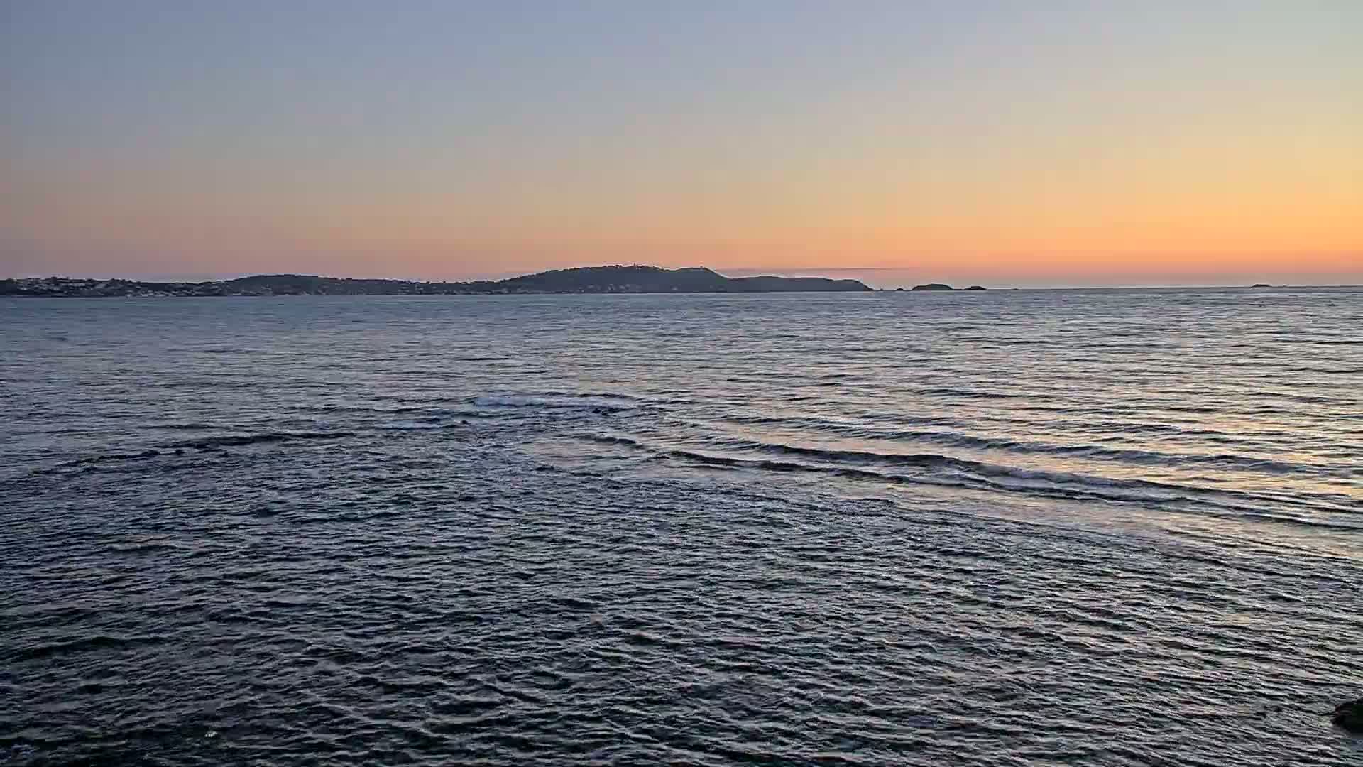 Gentle waves lap at the shore under a calm, sunset sky as a distant landmass sits on the horizon.