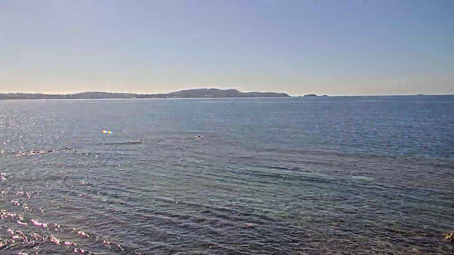 A calm, sunny day reveals a person swimming in a clear, blue sea with a distant shoreline of low hills visible on the horizon.