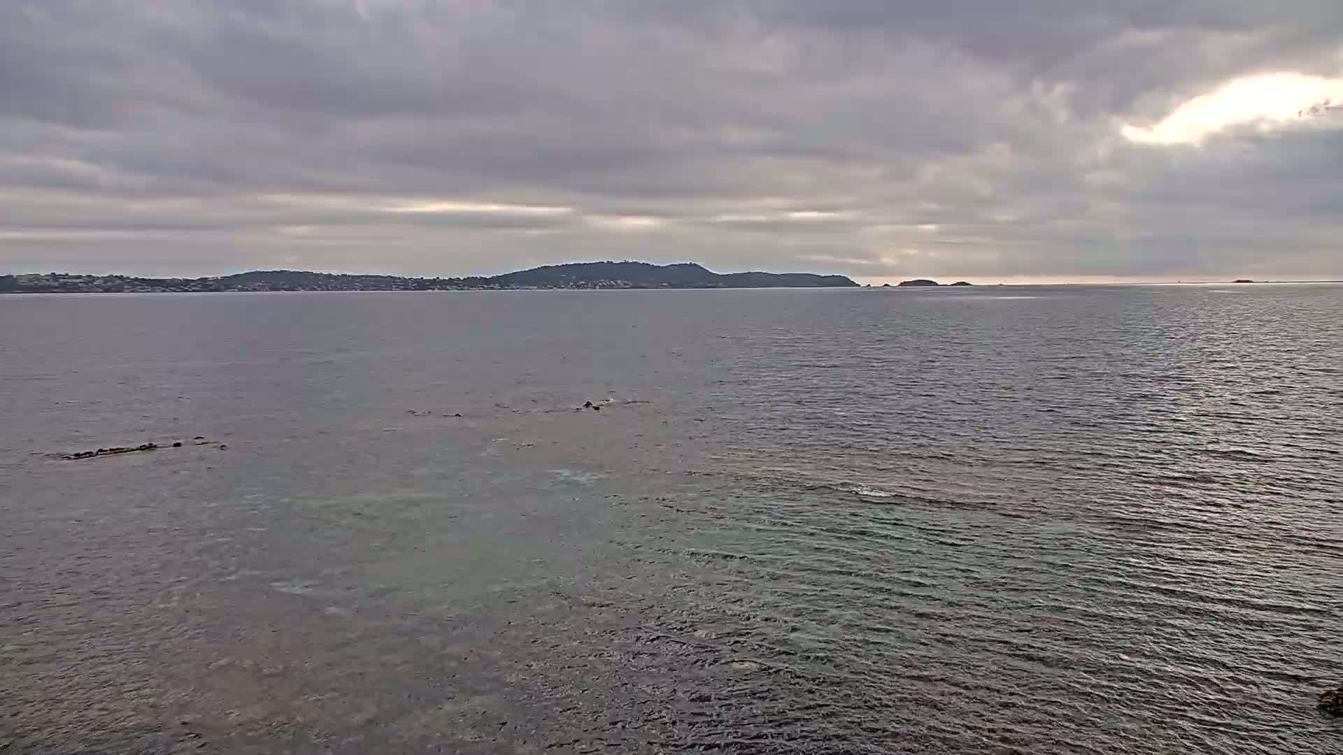 A calm body of water stretches to a distant shoreline under a cloudy sky, with some rocks partially submerged near the foreground.
